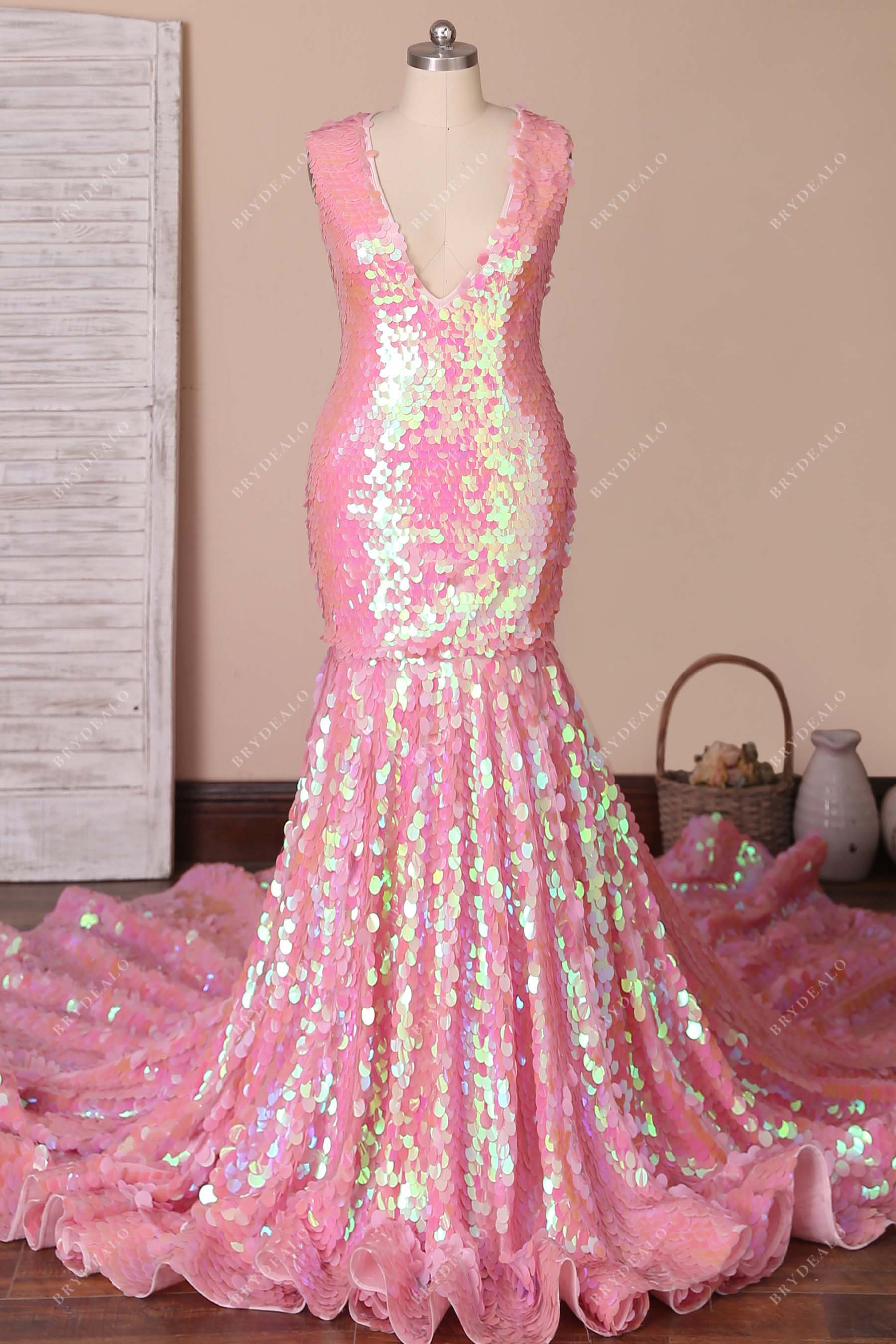 Pink Big Sequin Plunging Neck Mermaid Prom Dress Pink Big Sequin Plunging Neck Mermaid Prom Dress
