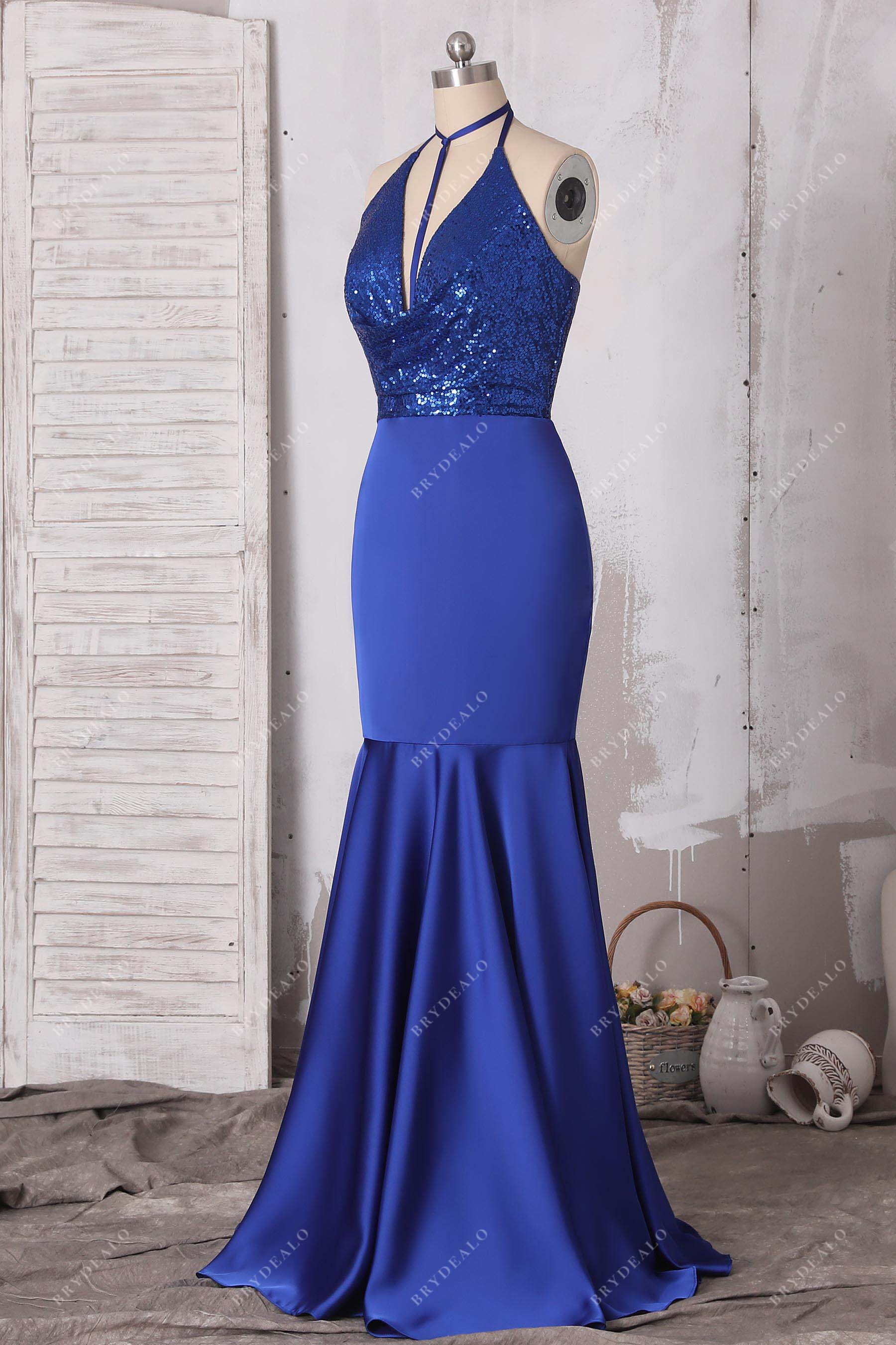 sparkly royal blue sequin cowl neck halter prom gown