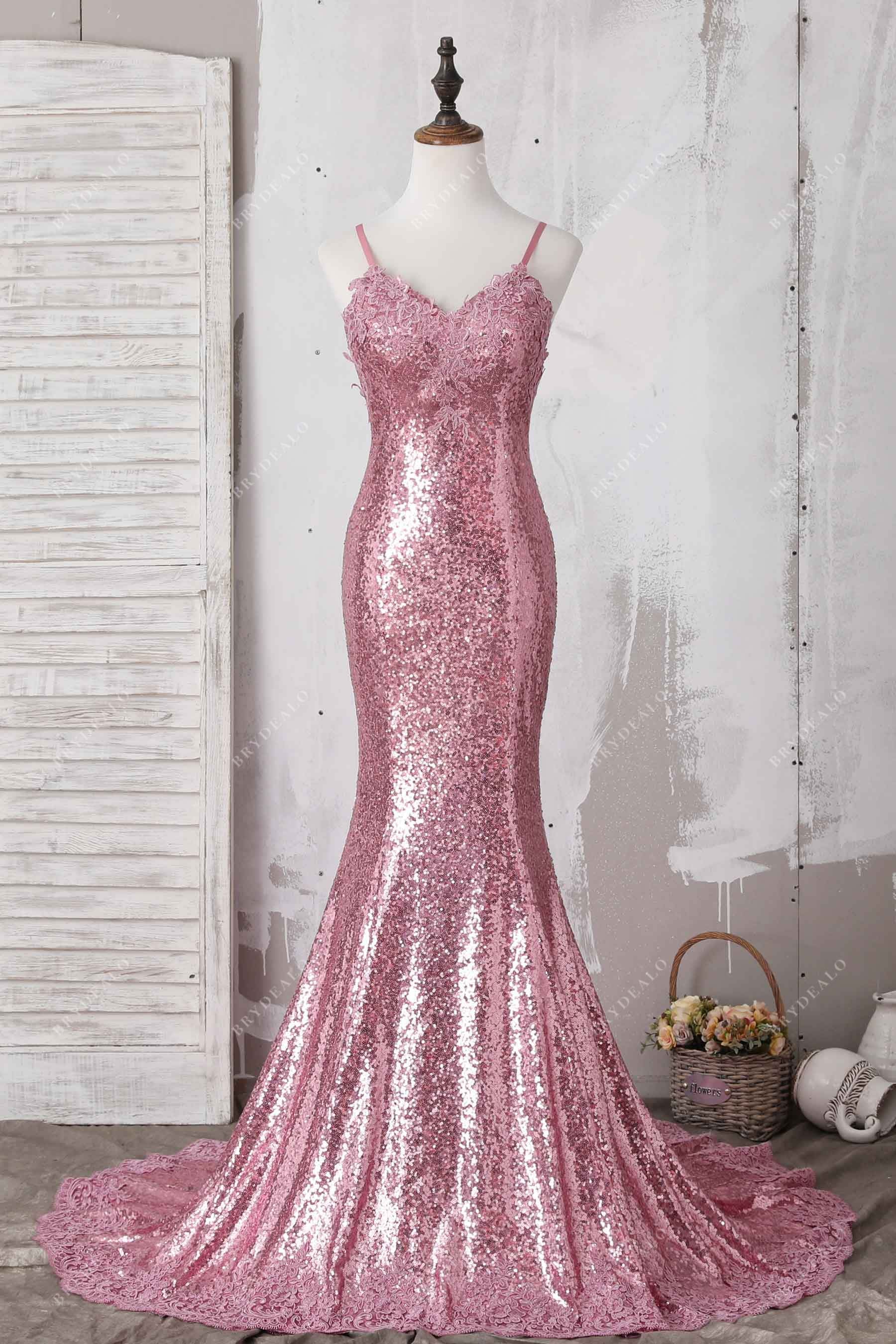 Shiny Rose Gold Lace Sequin Mermaid Prom Dress Shiny Rose Gold Lace Sequin Mermaid Prom Dress
