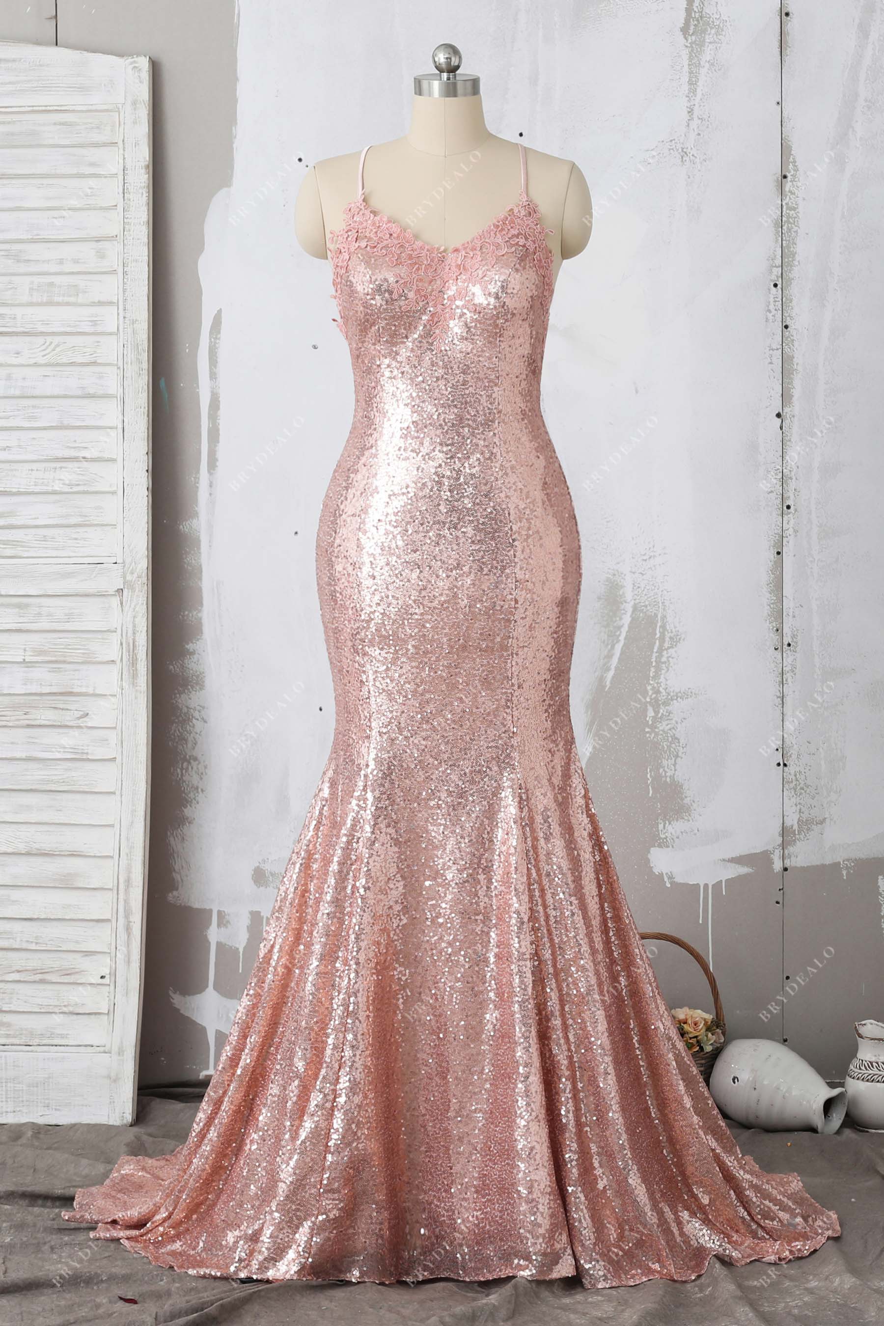 Elegant Lace Appliqued Rose Pink Sequin Mermaid Prom Gown Elegant Lace Appliqued Rose Pink Sequin Mermaid Prom Gown