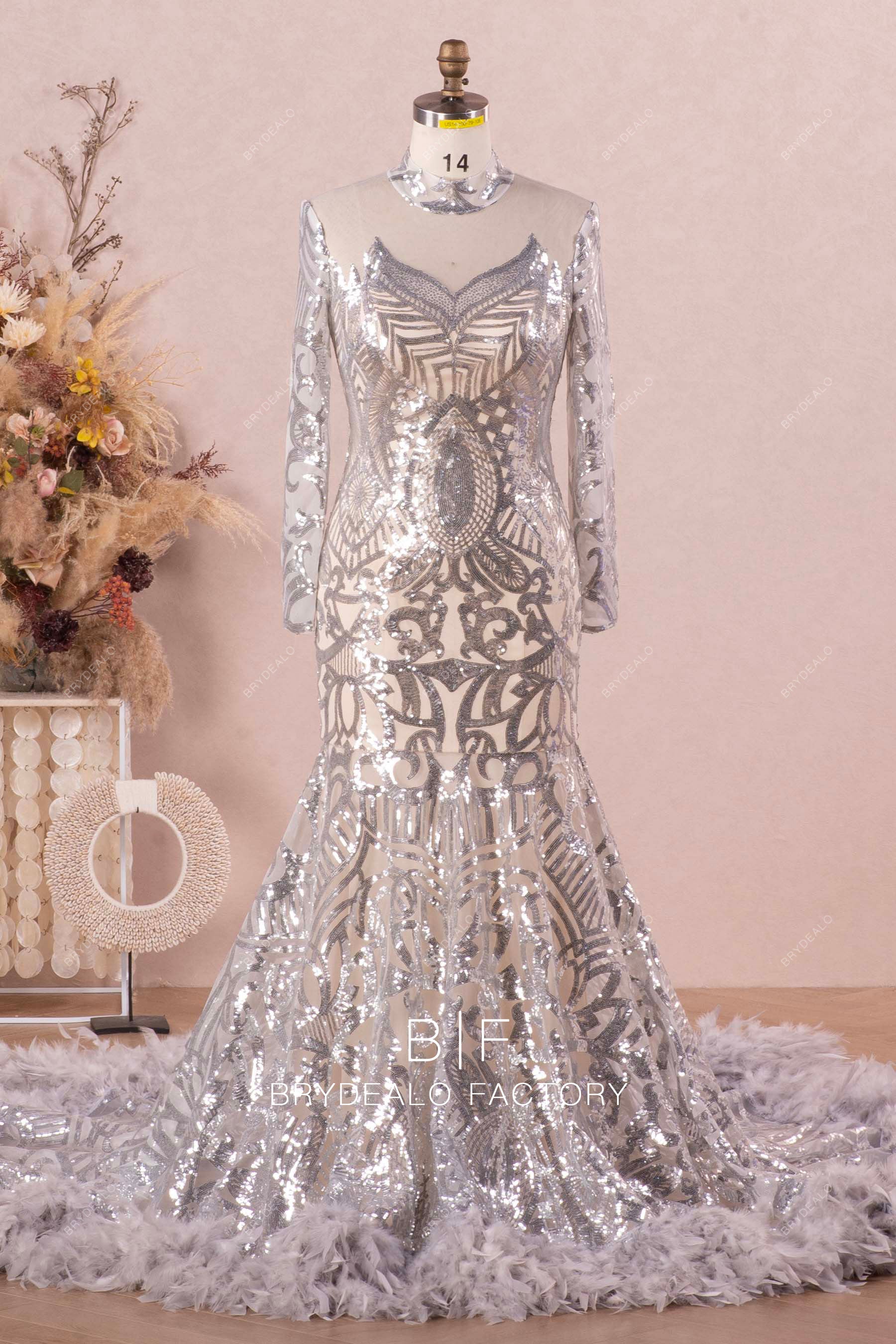 Sparkly Silver Sleeved Patterned Sequin Feather Prom Dress Sparkly Silver Sleeved Patterned Sequin Feather Prom Dress