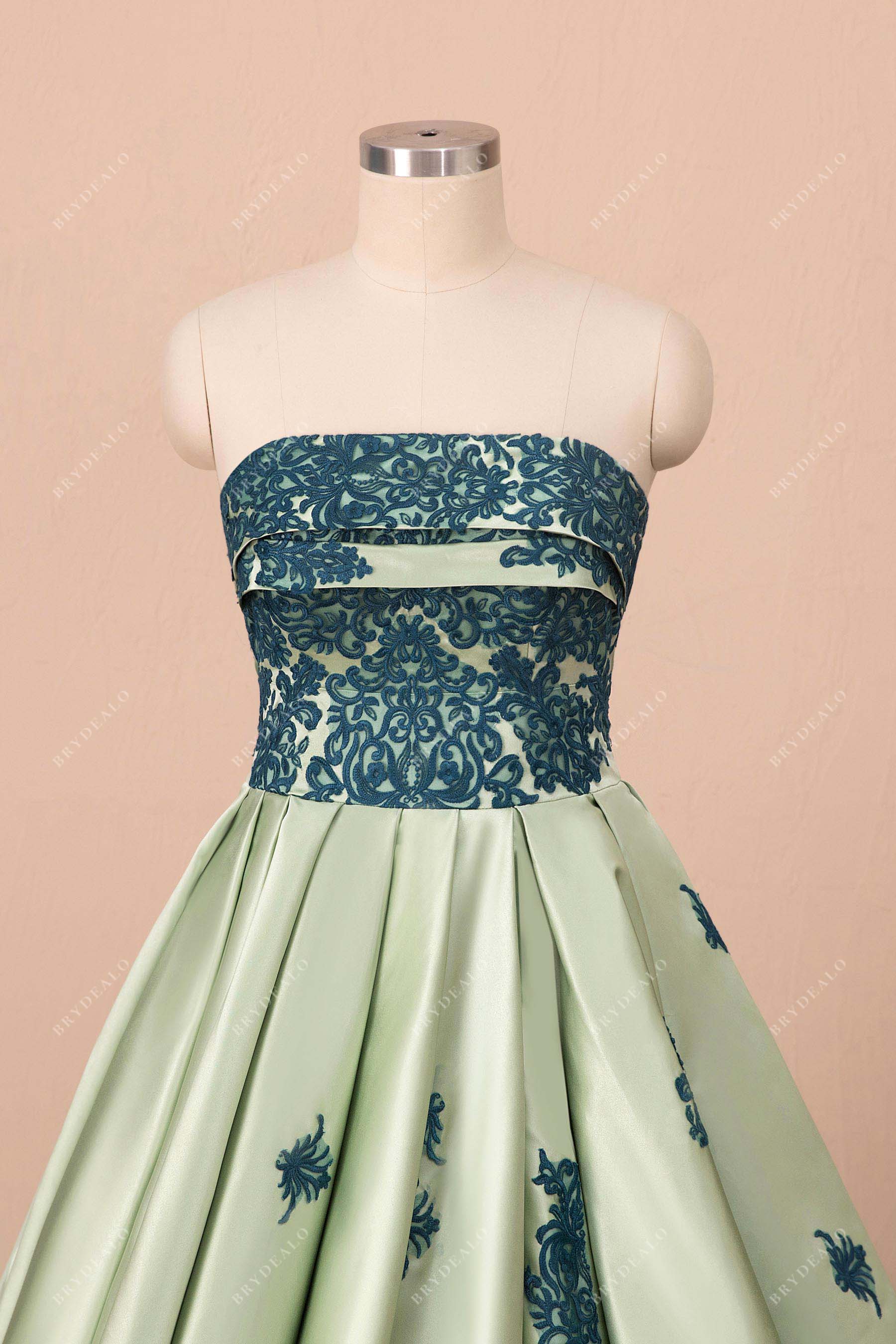 straight across neck strapless lace formal gown