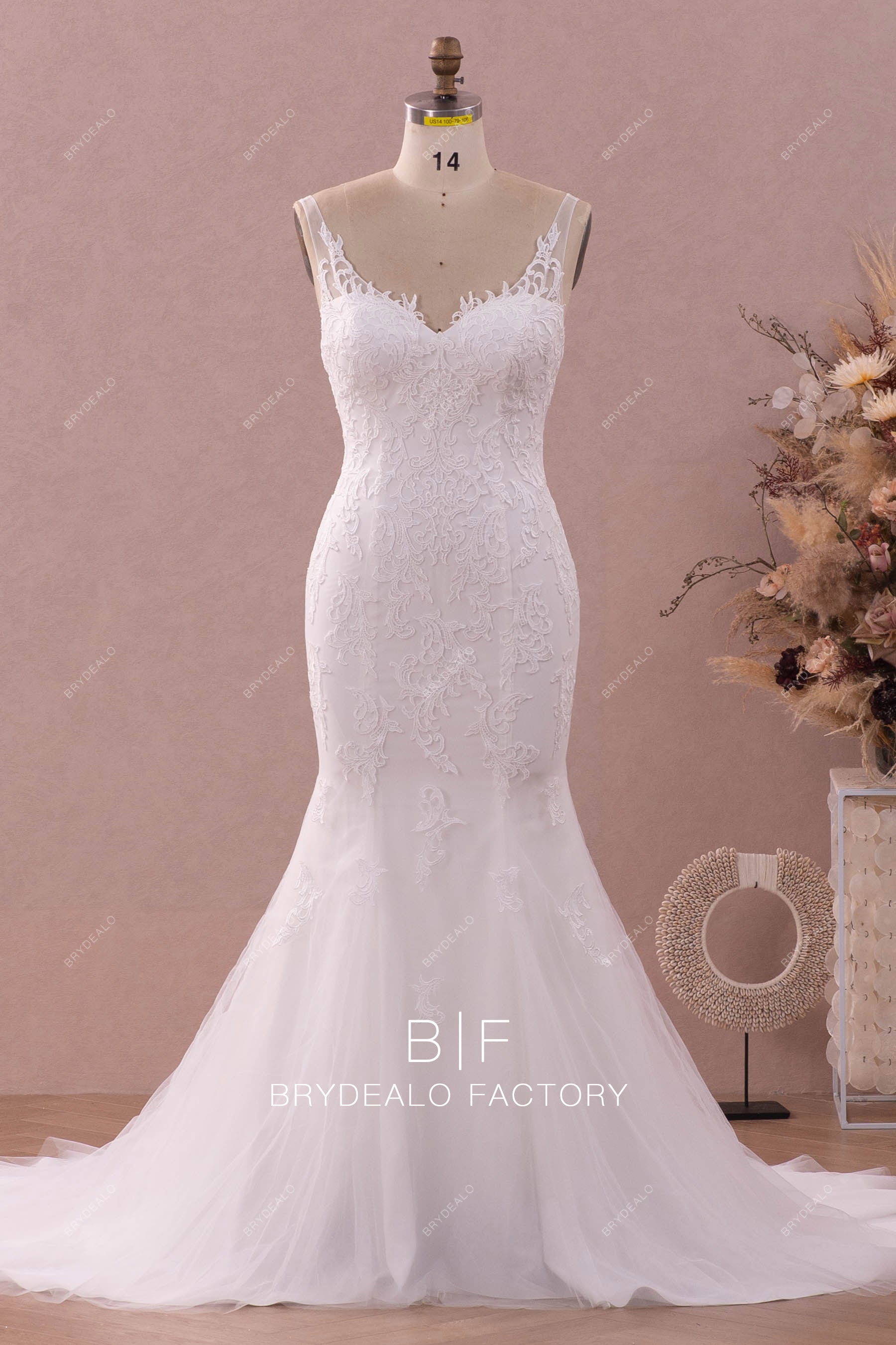 straps v-neck lace mermaid wedding dress