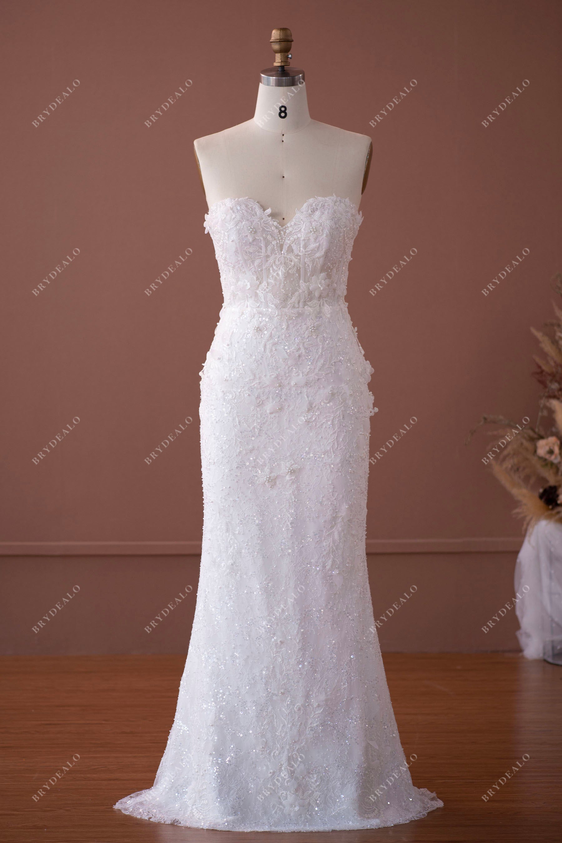 strapless 3D flower lace wedding dress