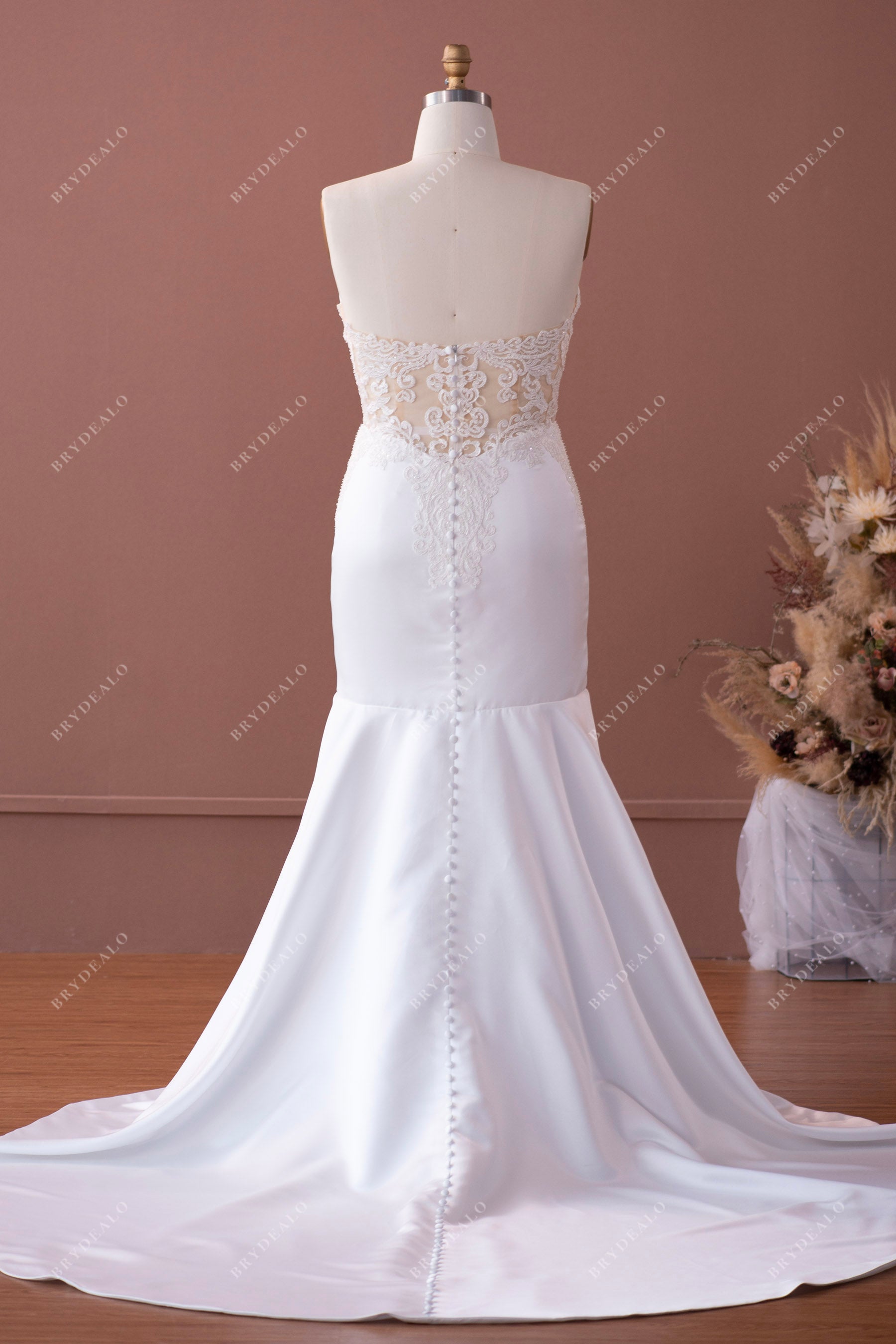 strapless beaded lace satin long wedding dress