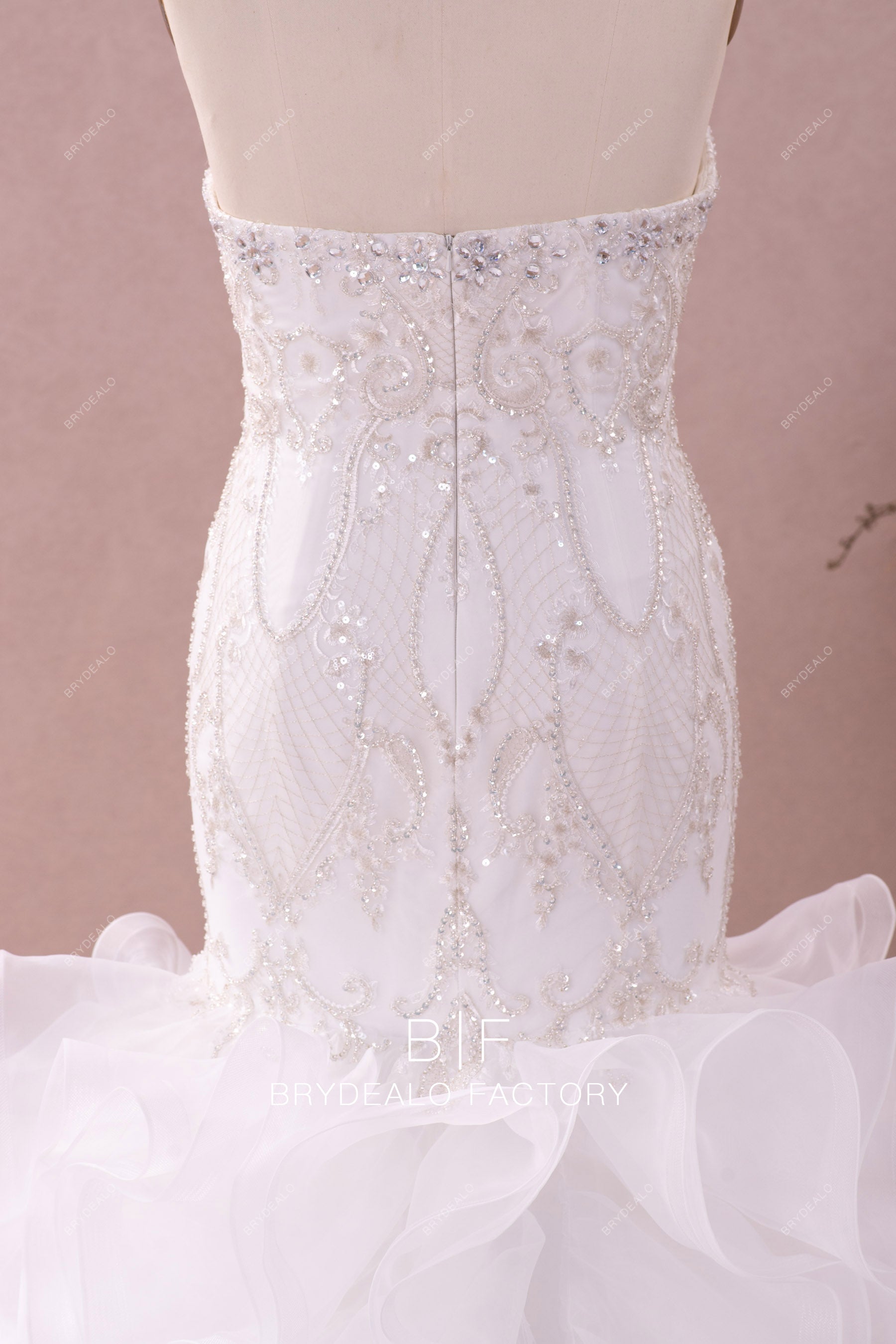 strapless beaded lace wedding dress