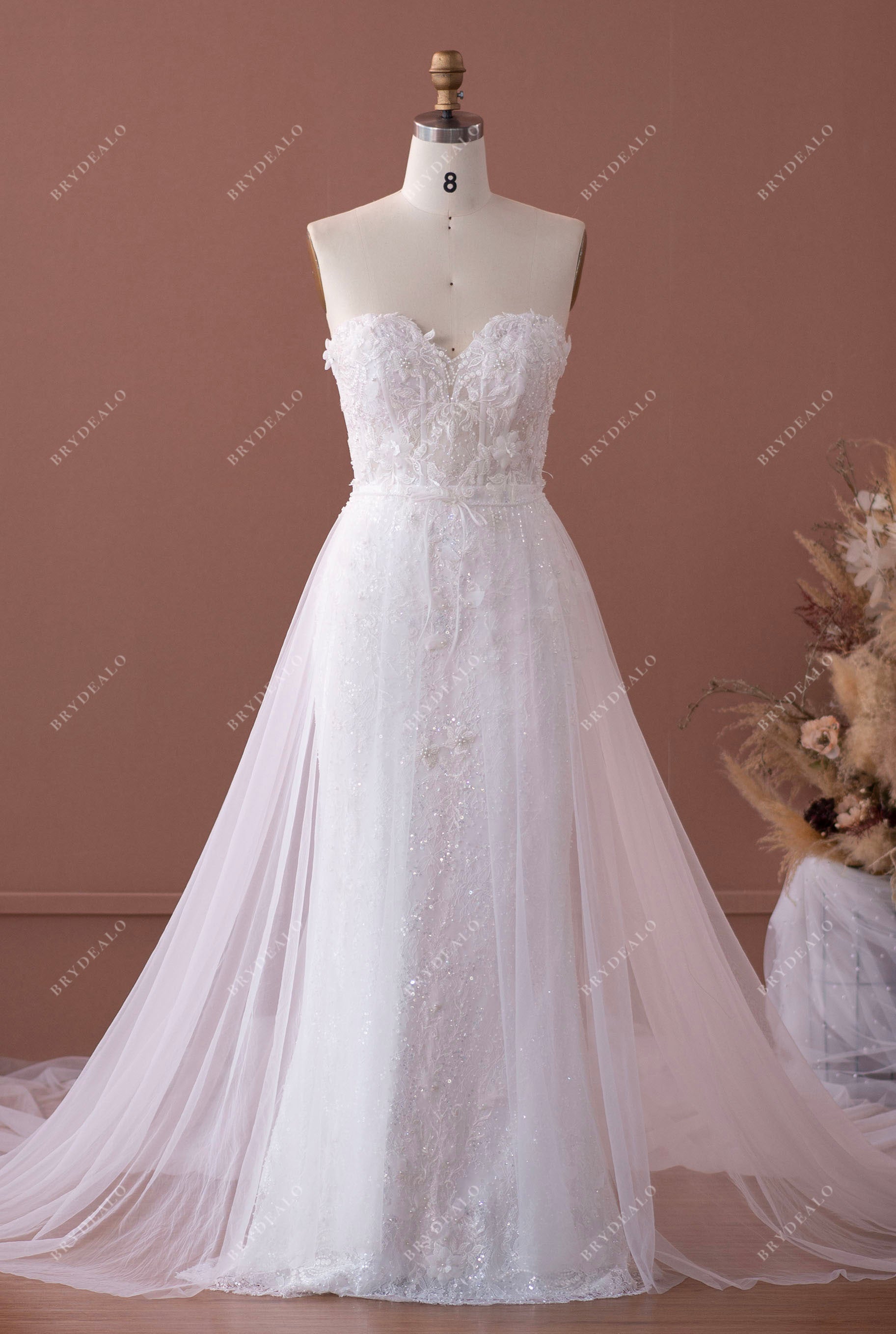strapless beaded lace wedding dress with overskirt