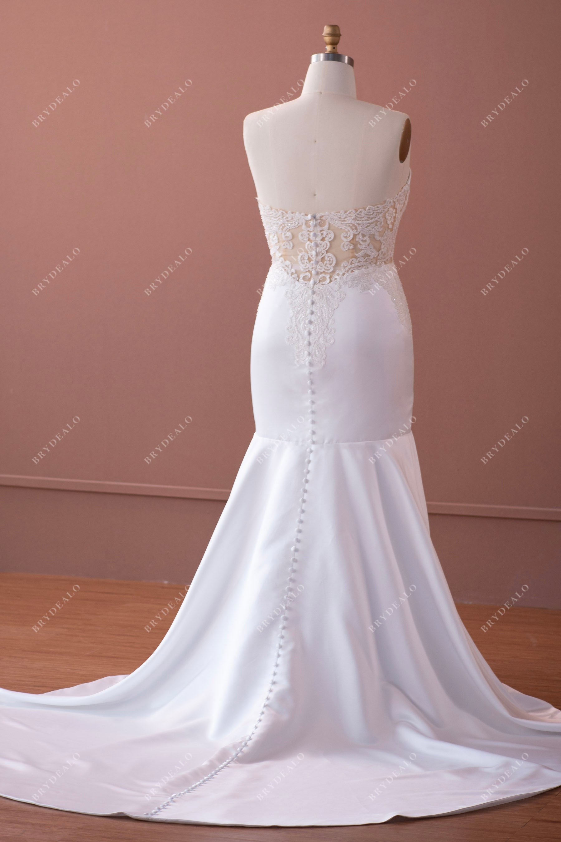 strapless illusion lace back mermaid wedding gown