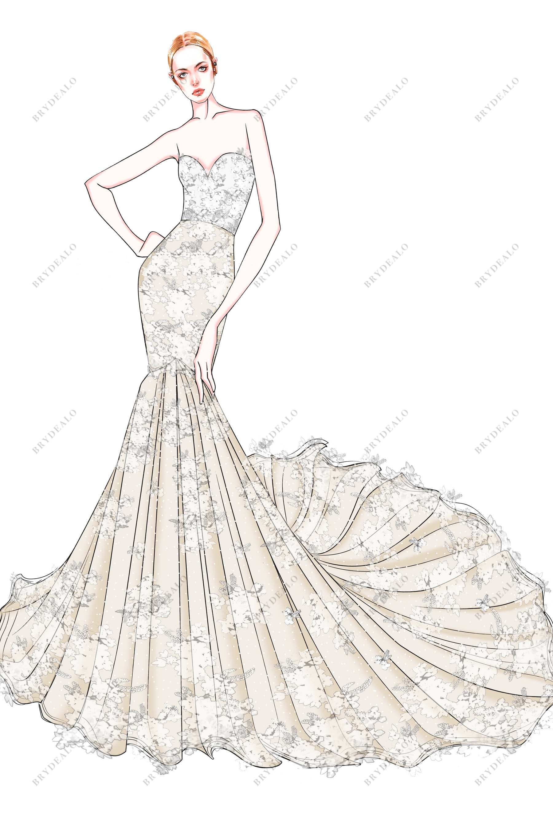 Strapless Ivory Lace Champagne Mermaid Designer Wedding Dress Sketch Strapless Ivory Lace Champagne Mermaid Designer Wedding Dress Sketch
