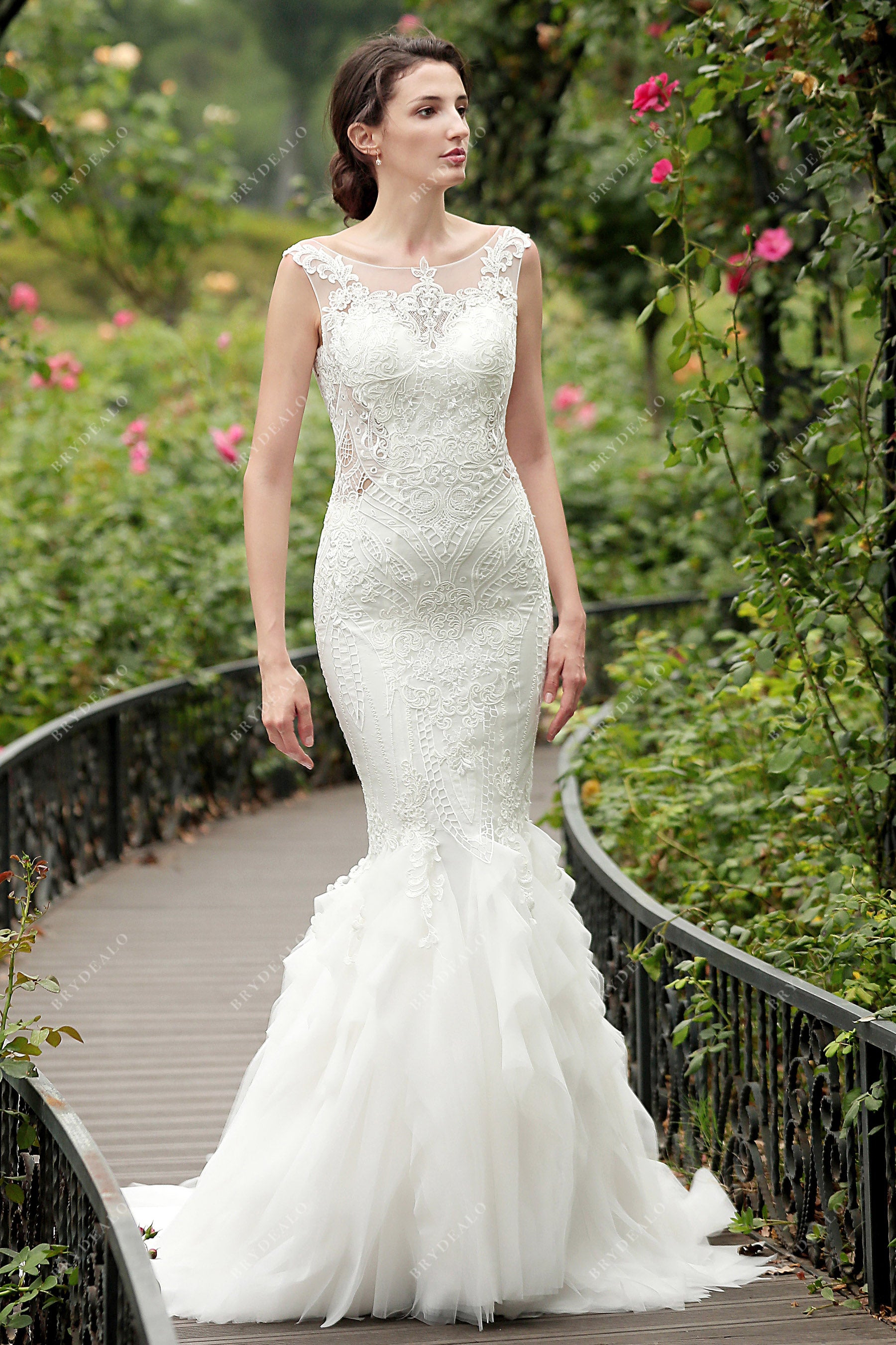 Illusion Neck Lace Tulle Flounced Mermaid Bridal Gown Illusion Neck Lace Tulle Flounced Mermaid Bridal Gown