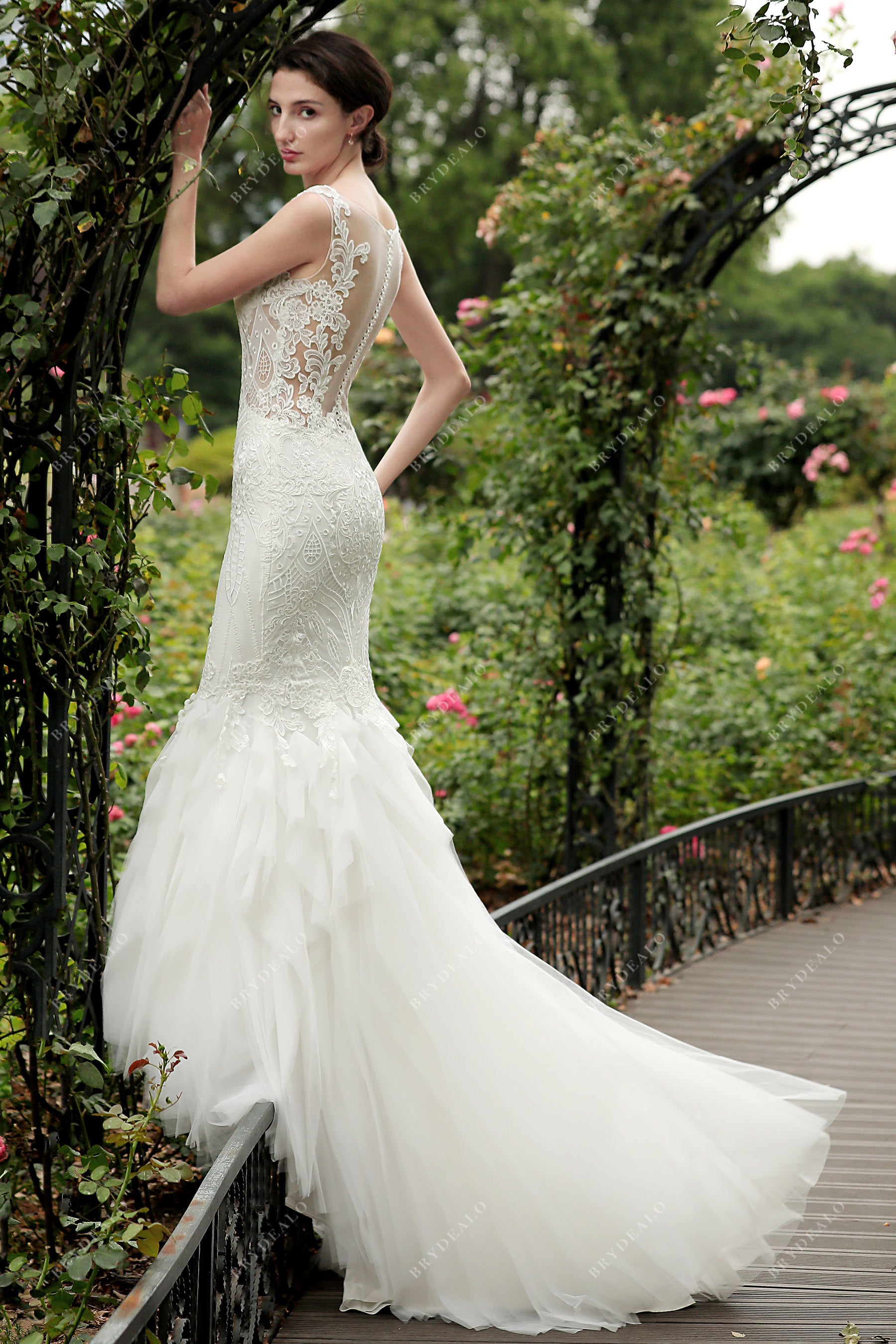 strapless lace flounced court train bridal gown