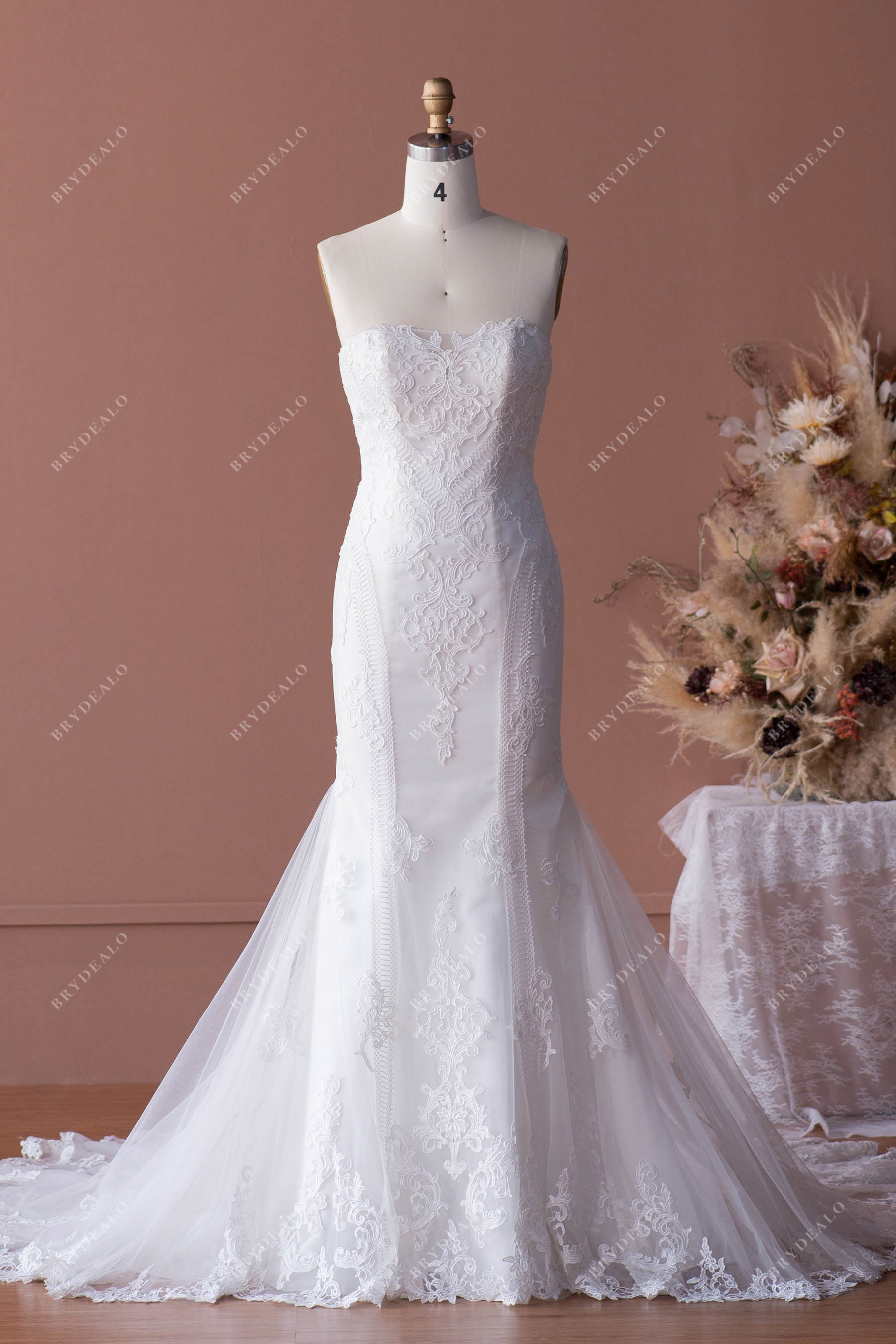 Dreamy Mermaid Strapless Satin Lace With Sleeves Long Wedding Dresses