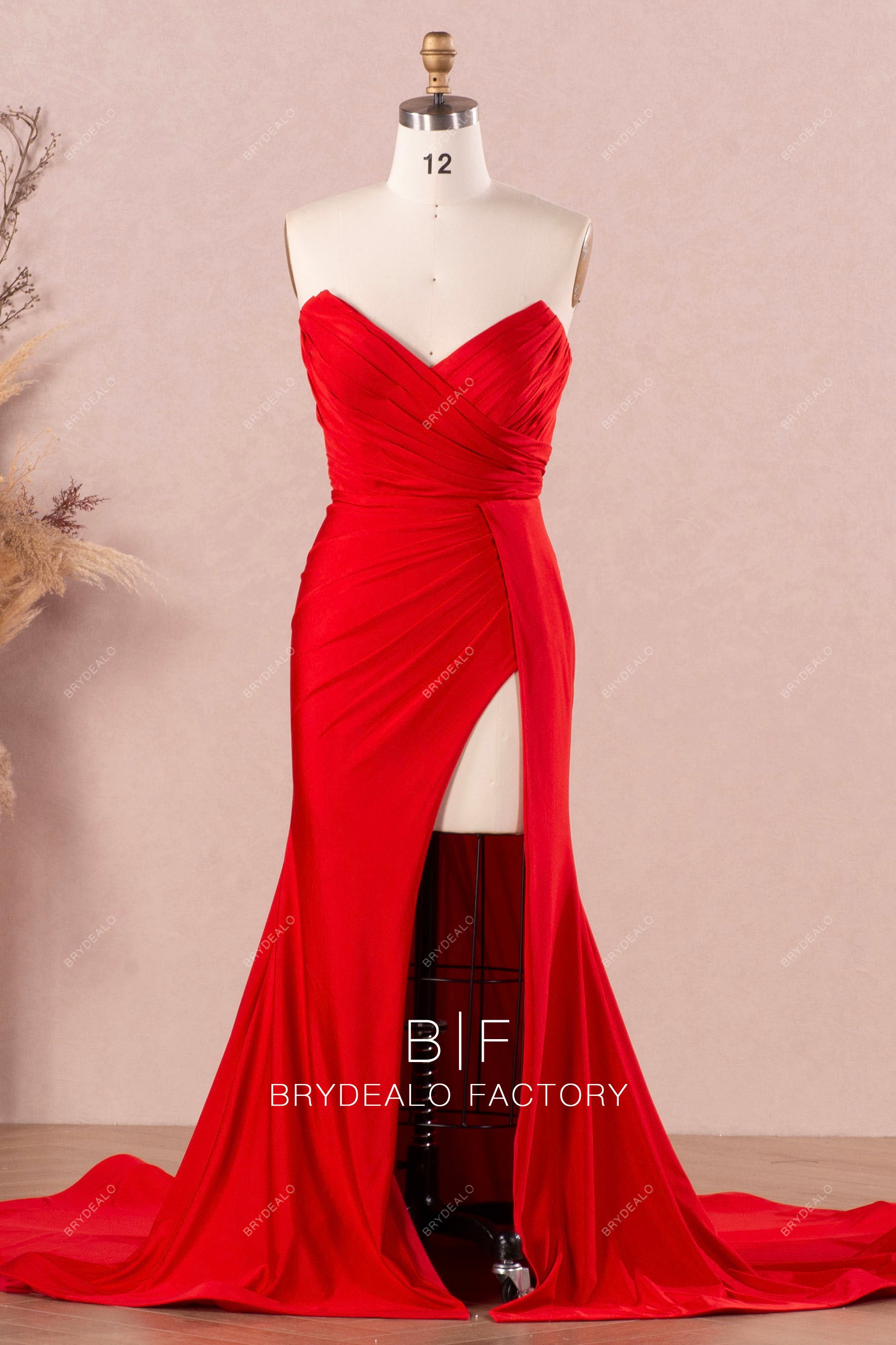 strapless pleated high slit bridesmaid dress