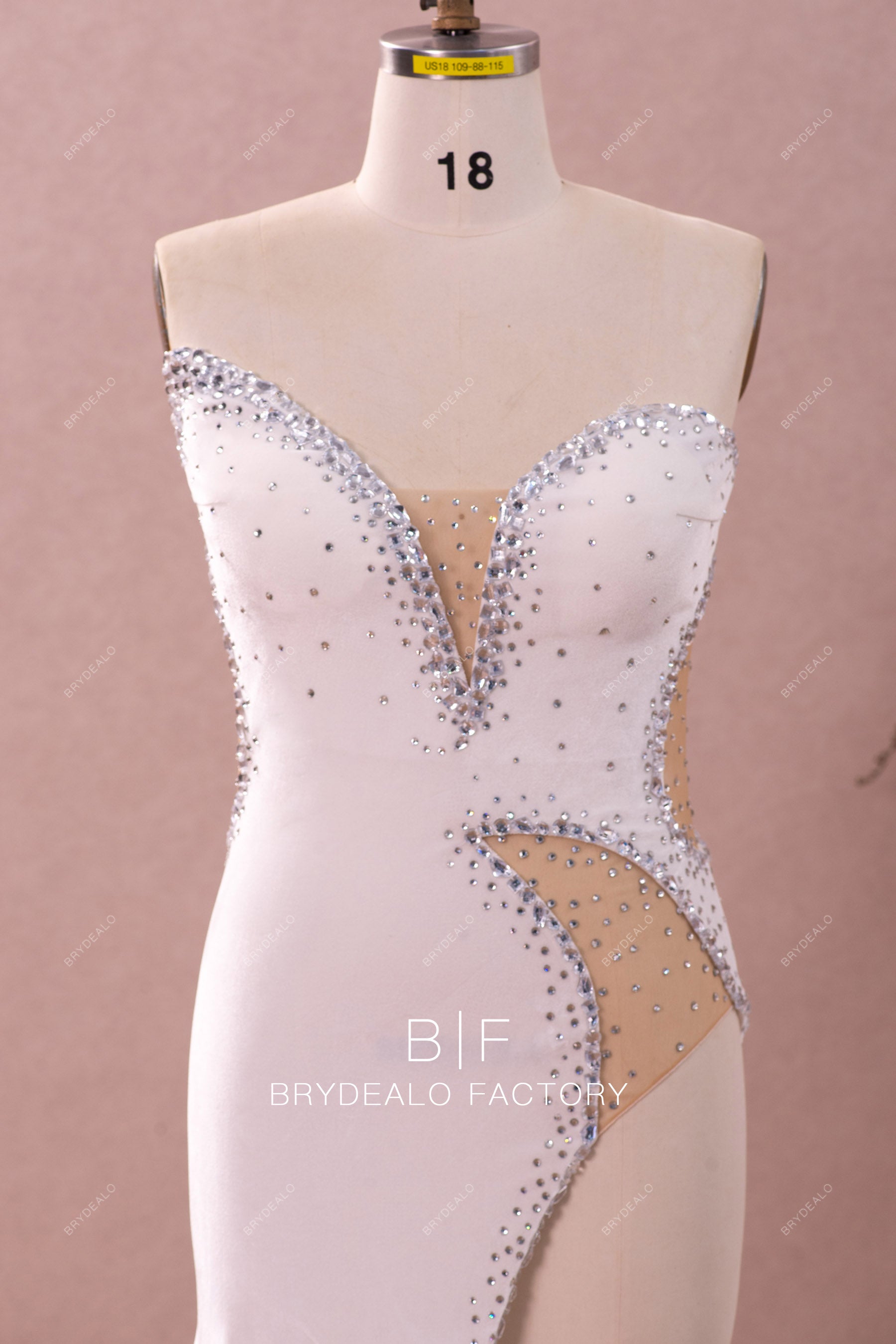 strapless plunging rhinestone formal dress