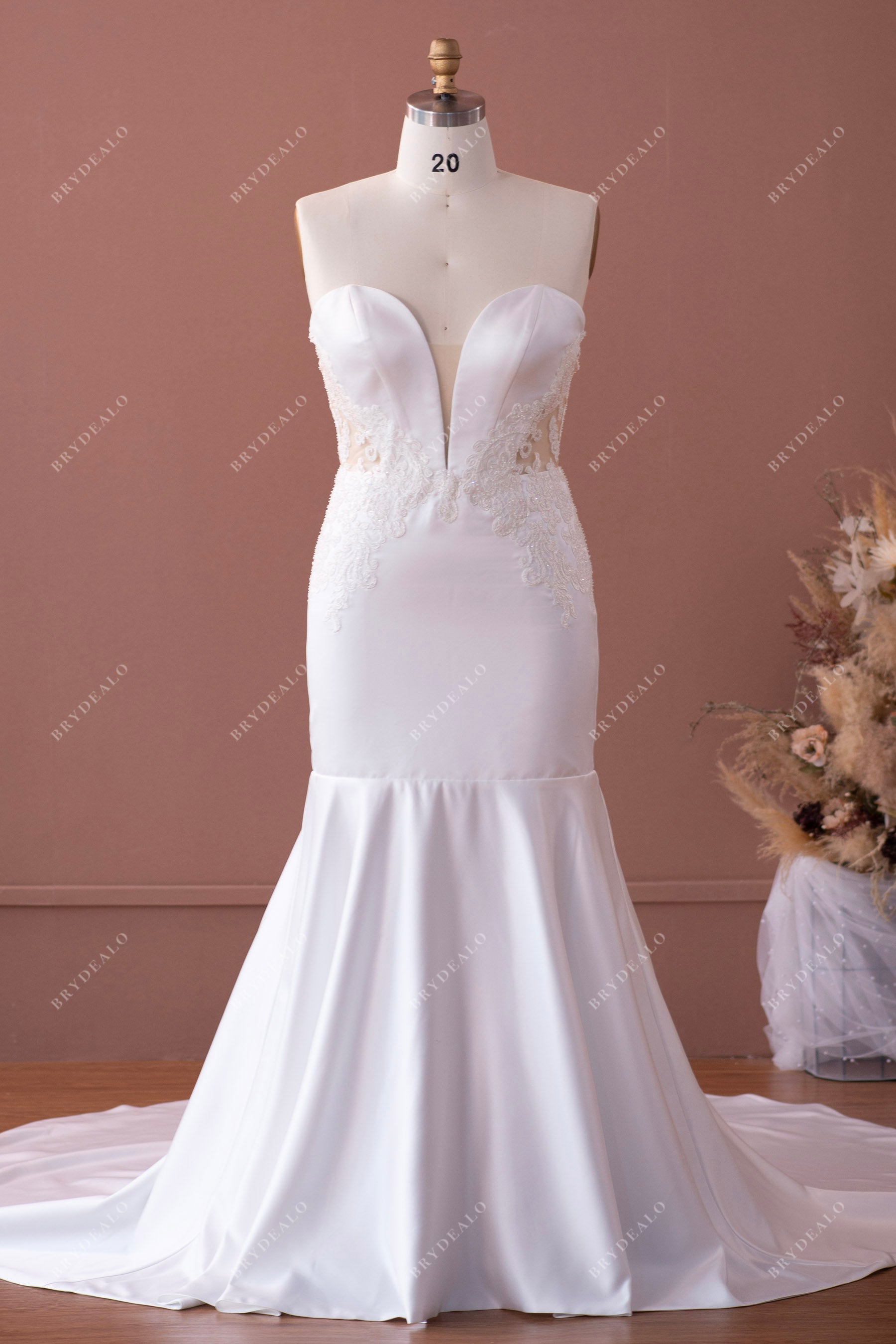 Plus Size Lace Satin Strapless Plunging Mermaid Wedding Dress Plus Size Lace Satin Strapless Plunging Mermaid Wedding Dress