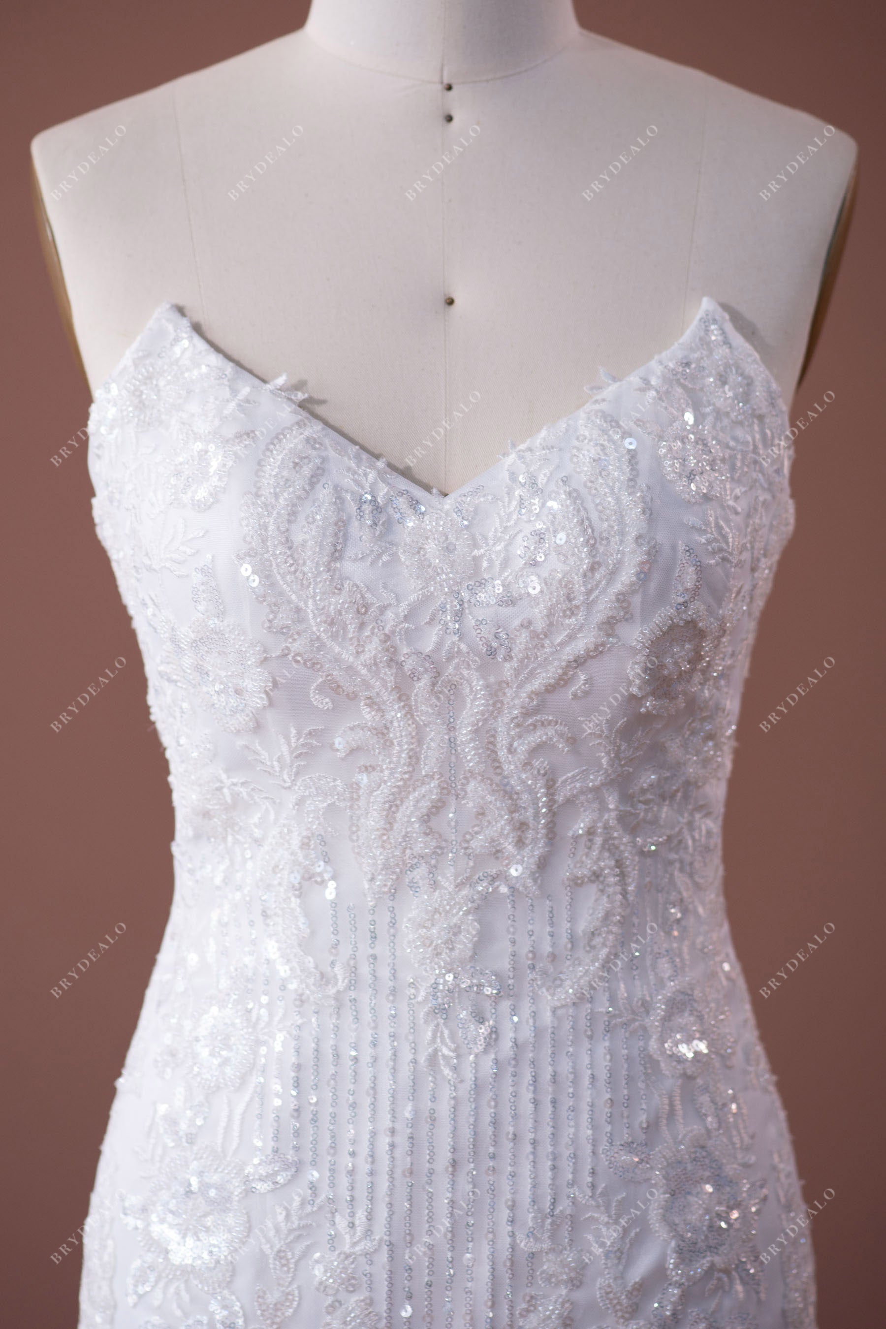strapless sequined lace V-cut mermaid bridal dress