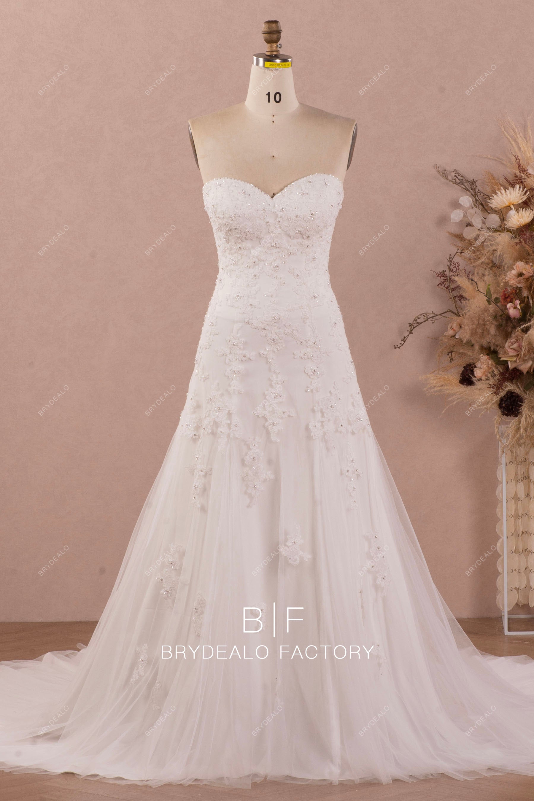 strapless sweetheart fit flare beaded lace wedding dress