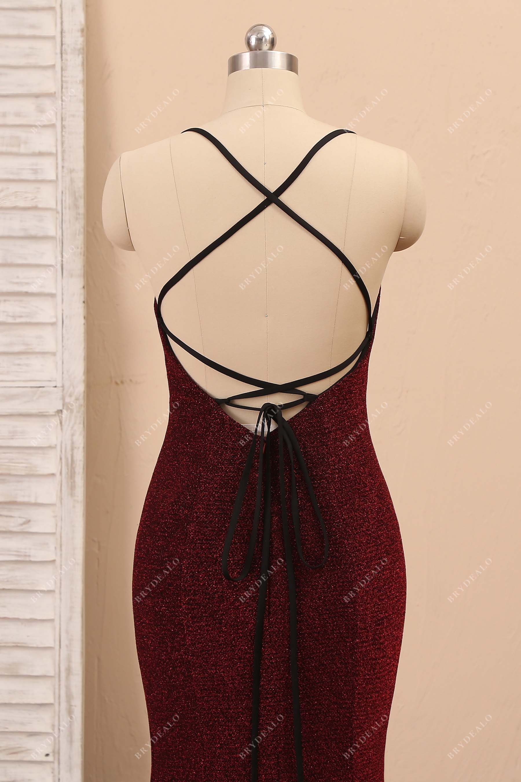 strappy back glitter burgundy prom dress