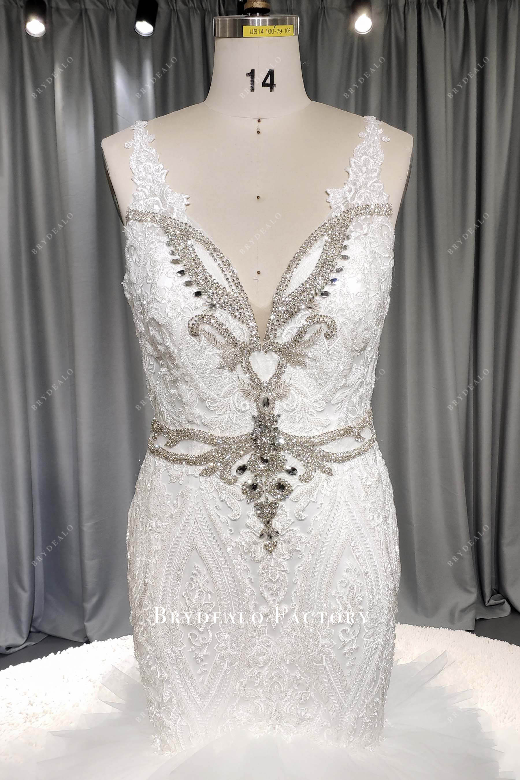 straps beaded lace deep V-neck bridal gown
