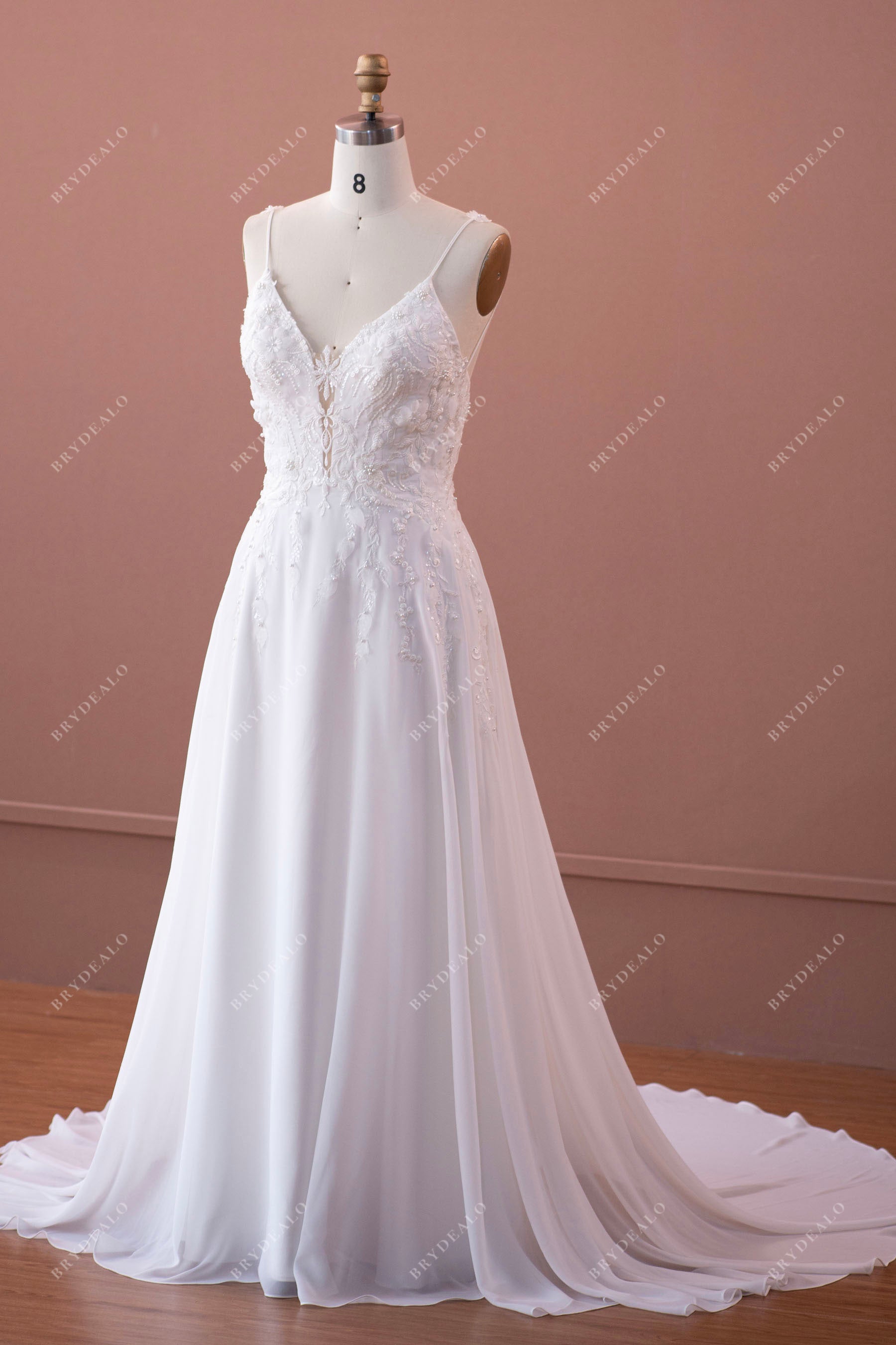 designer straps flowy chiffon lace appliqued long bridal dress