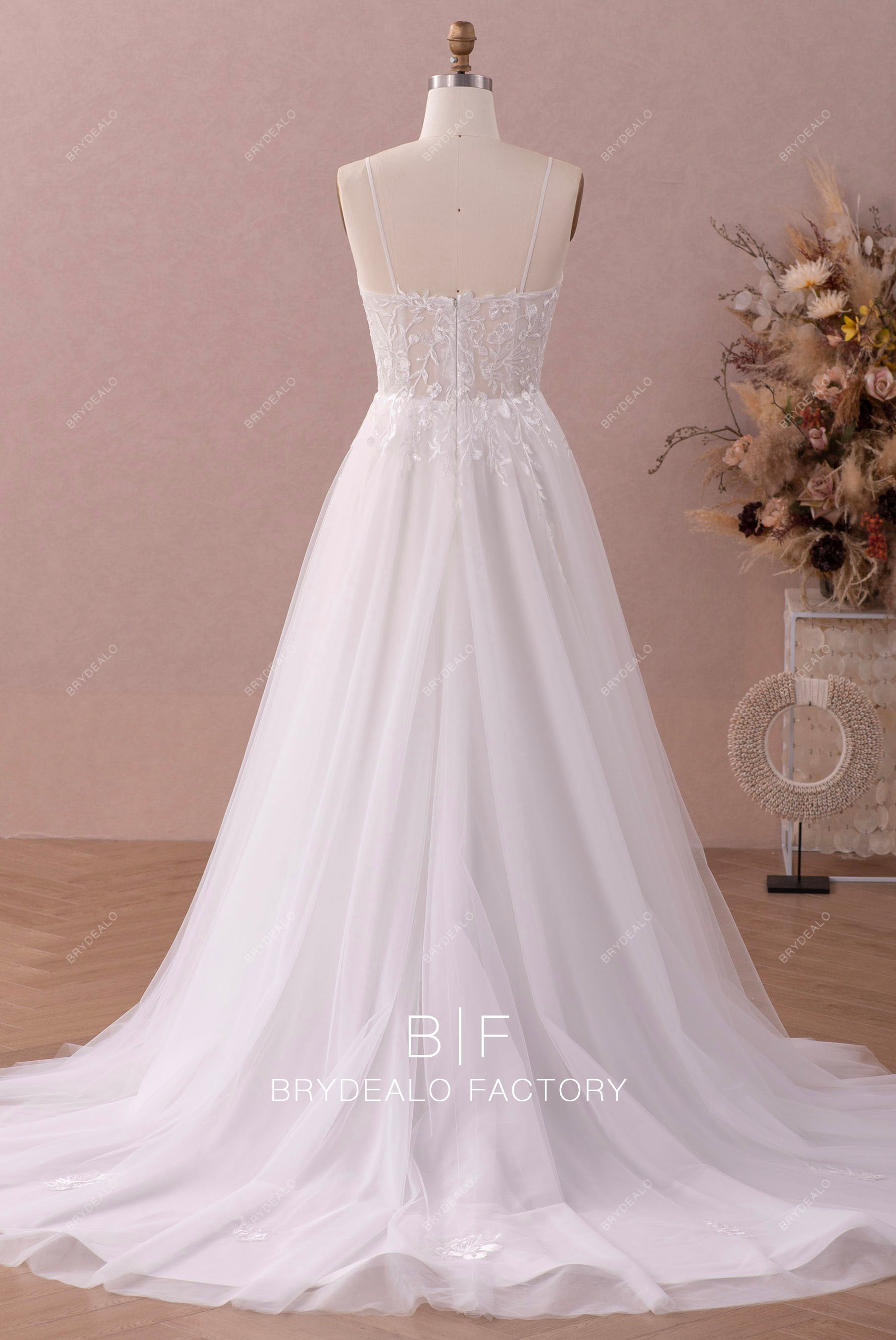 straps long tulle wedding dress
