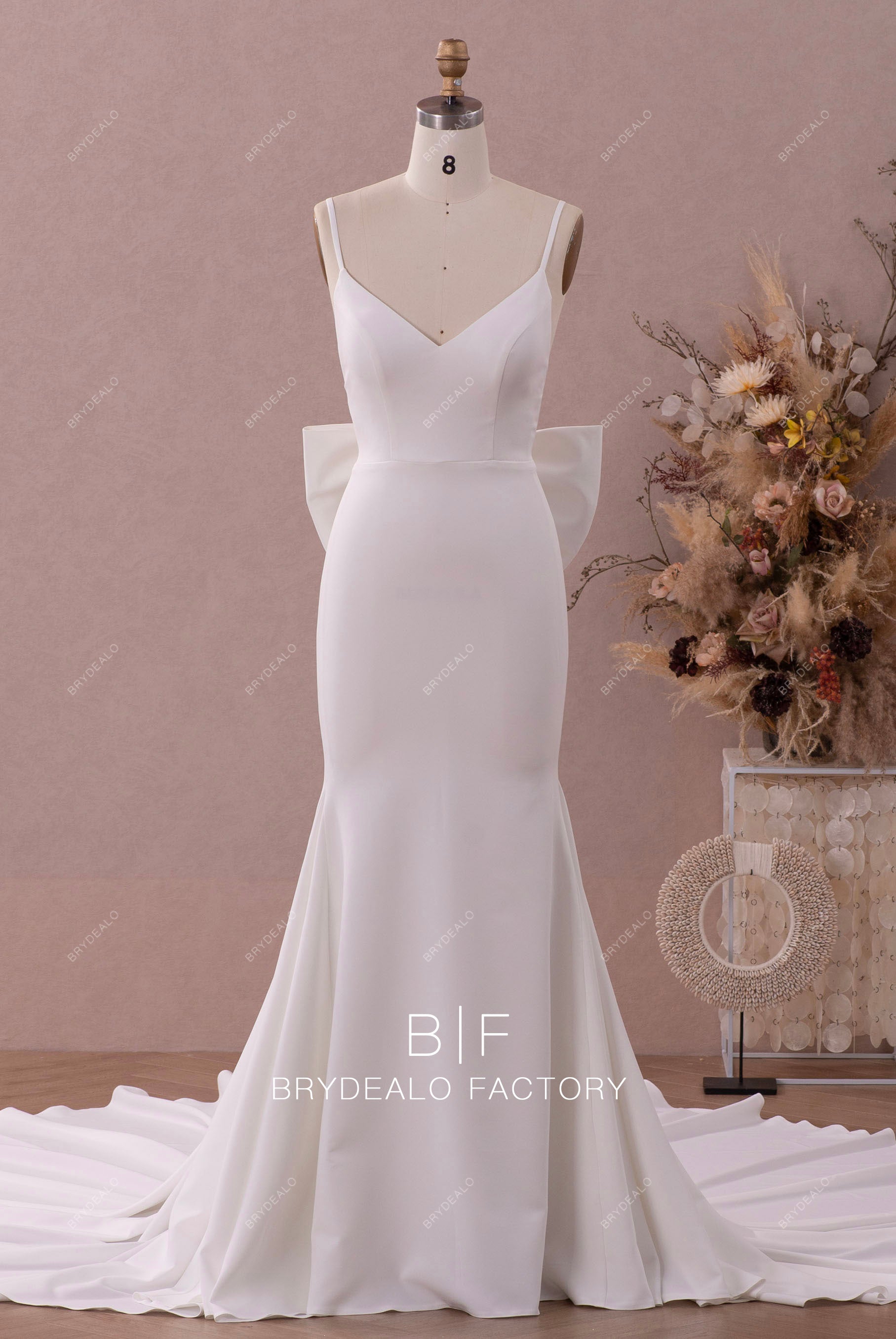 Spaghetti Straps Simple Wholesale Crepe Mermaid Bridal Gown
