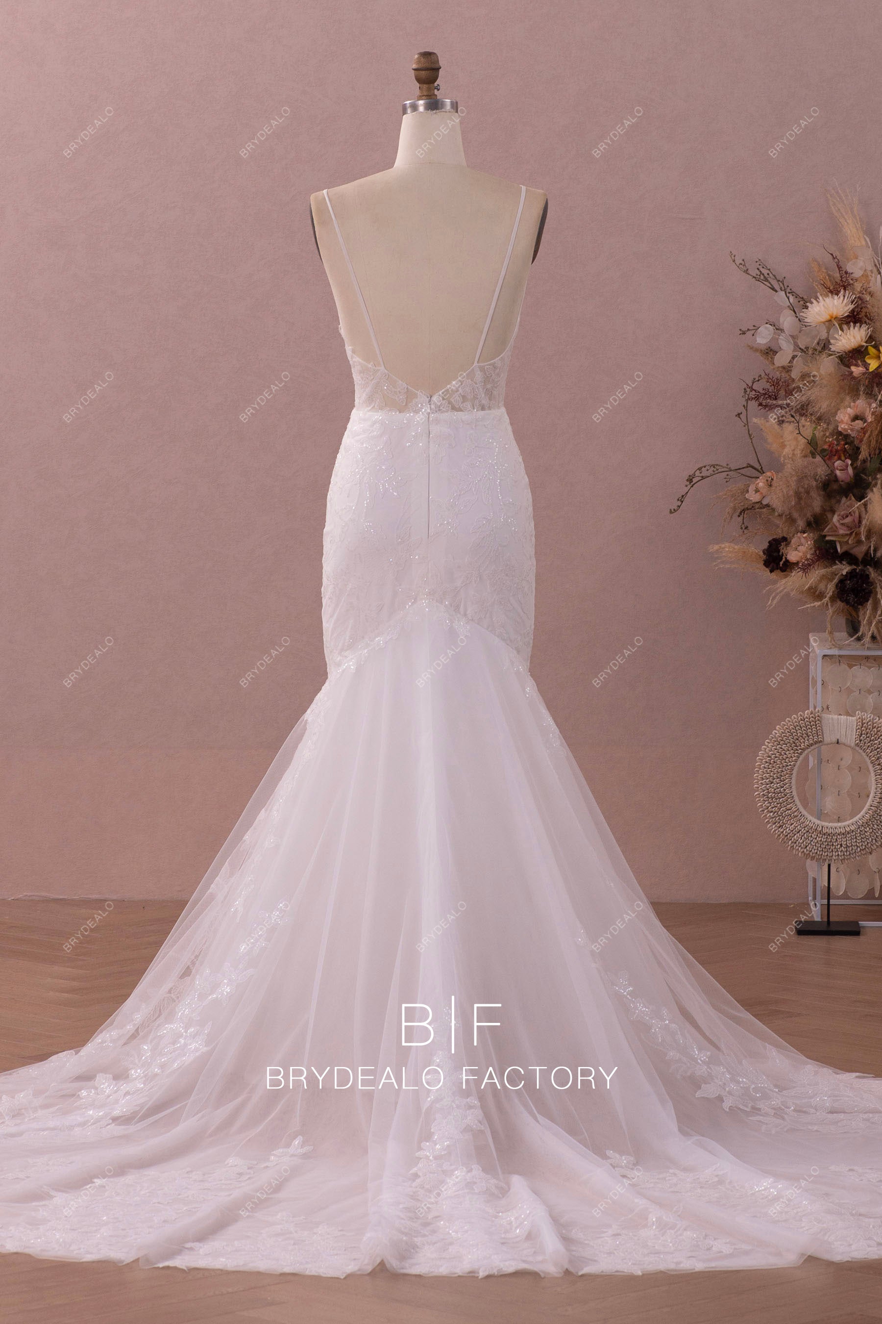 straps open back mermaid long wedding dress