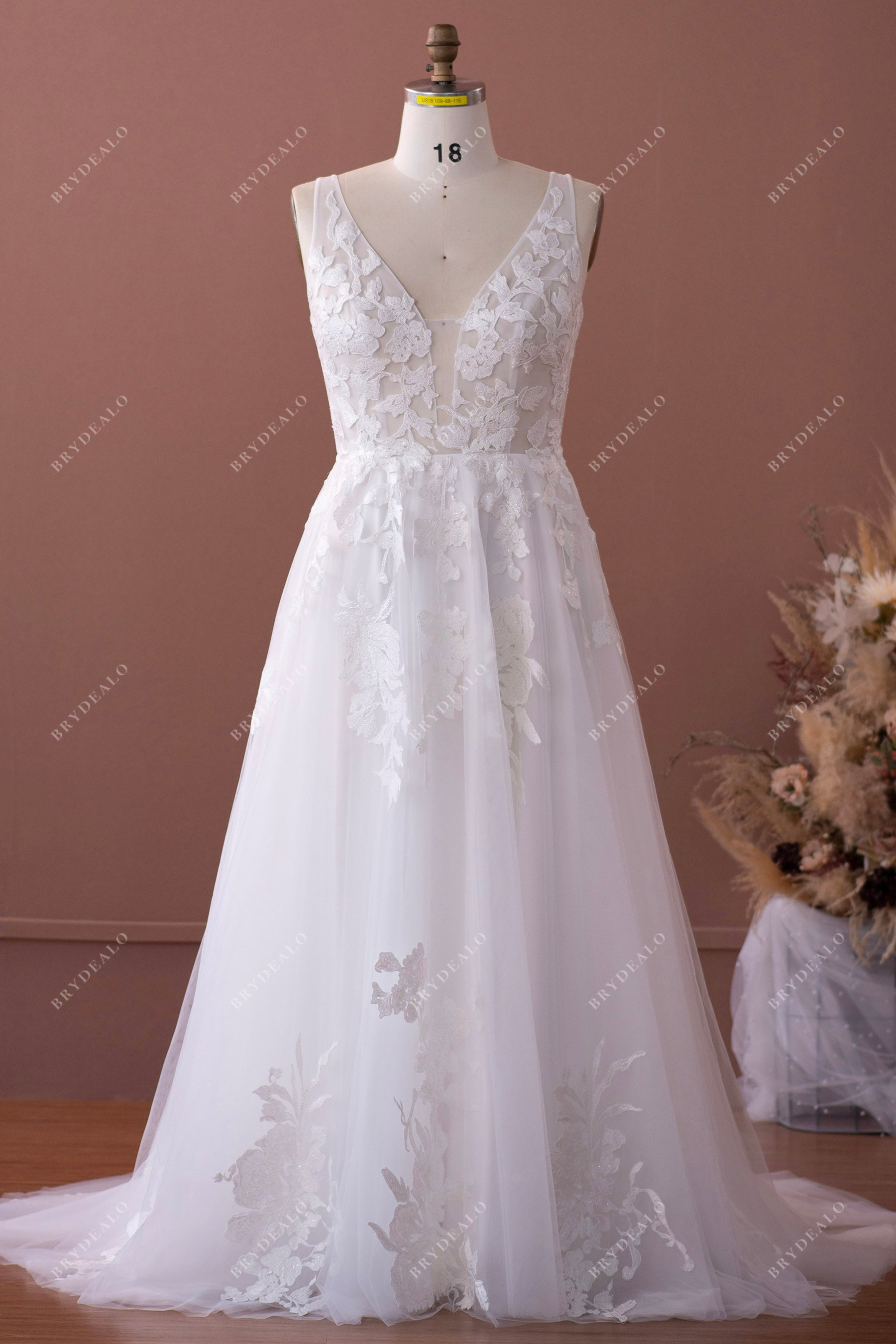 Plus Size Straps Plunging Lace Tulle A-Line Wedding Dress