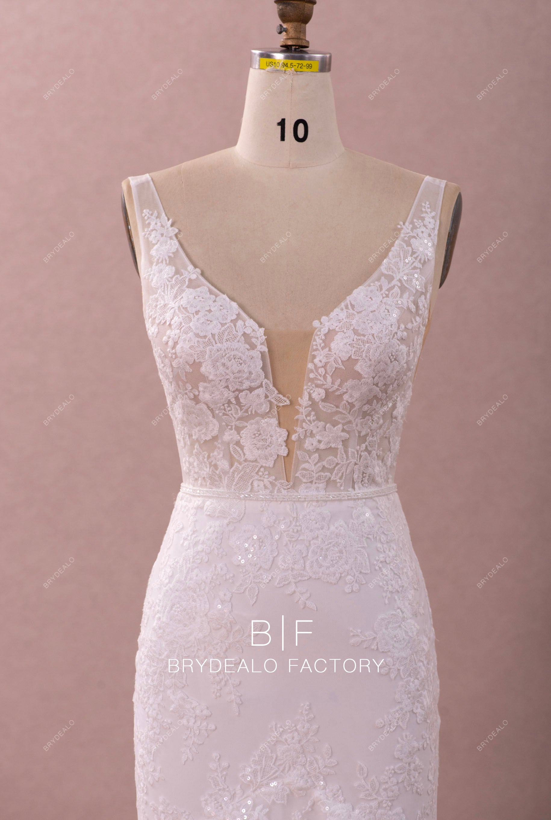 straps plunging beaded lace wedding dress