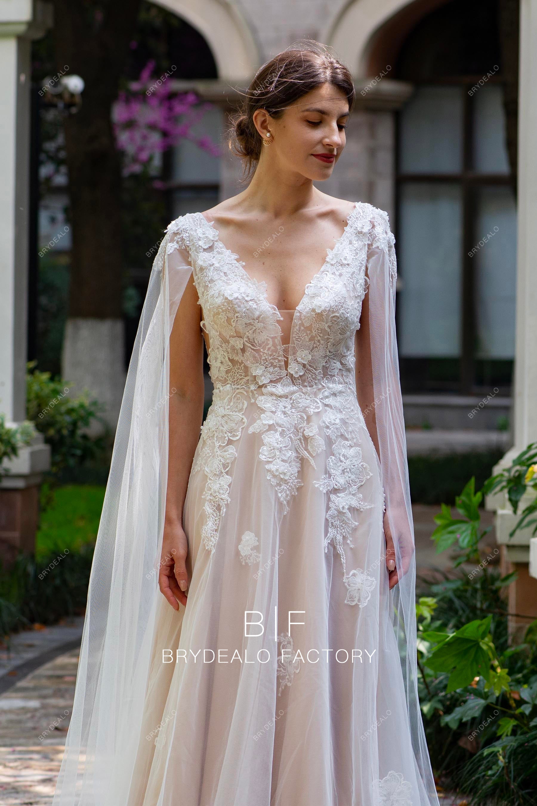 straps plunging flower lace wedding dress
