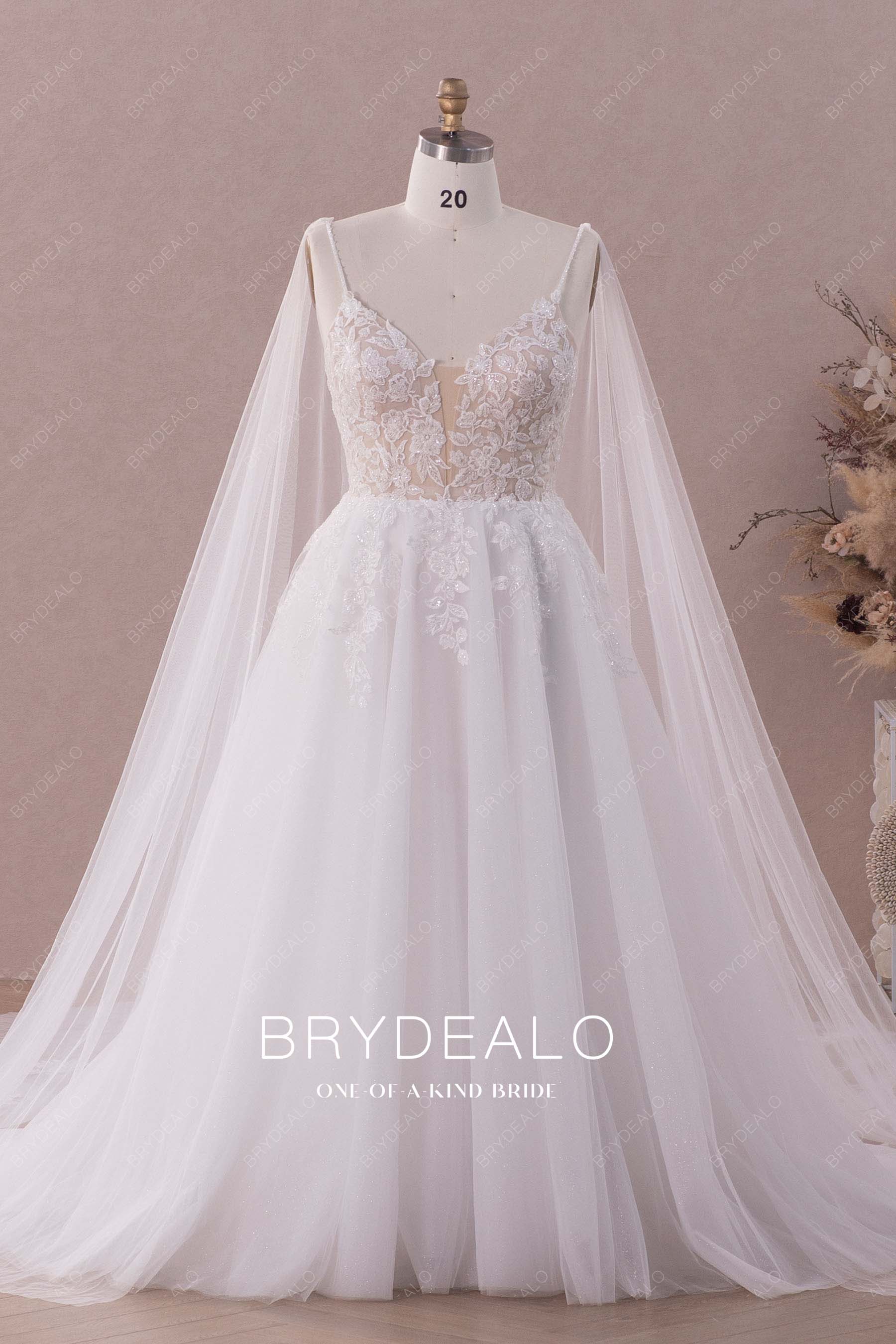 straps plunging lace wedding dress with shoulder veils