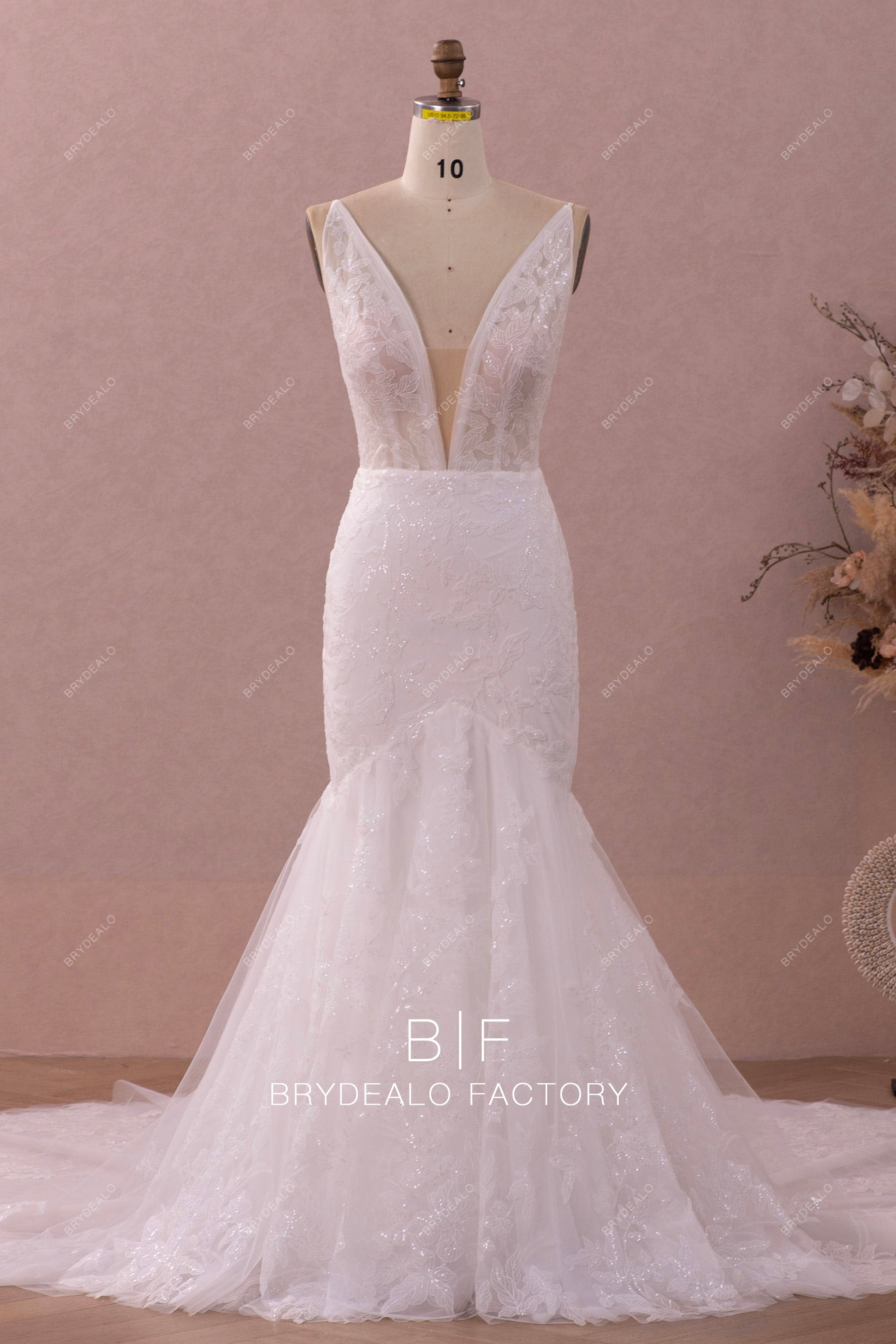 straps plunging shimmery lace wedding dress