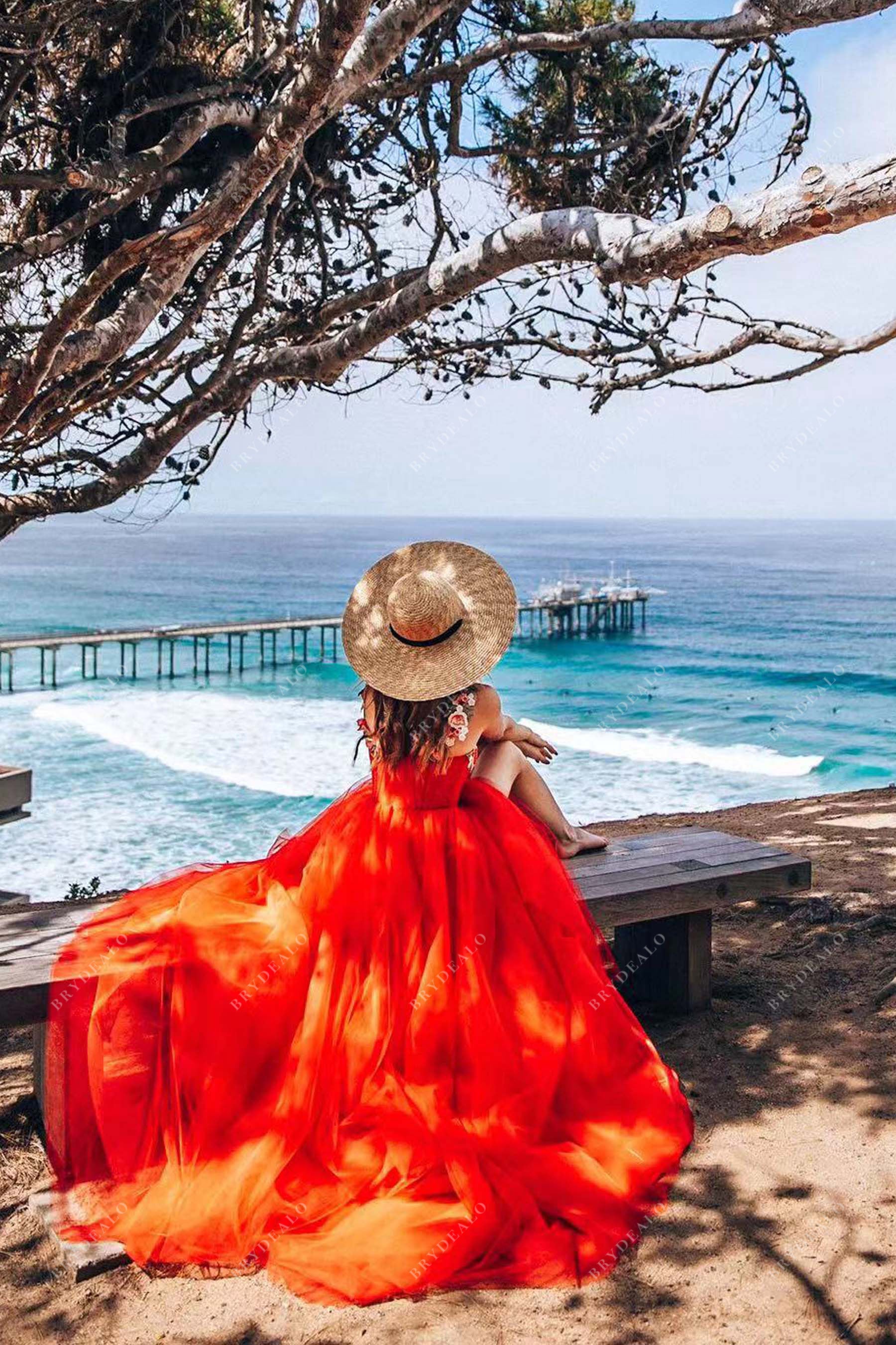 Flower Straps Red Tulle Formal Dress With Slit