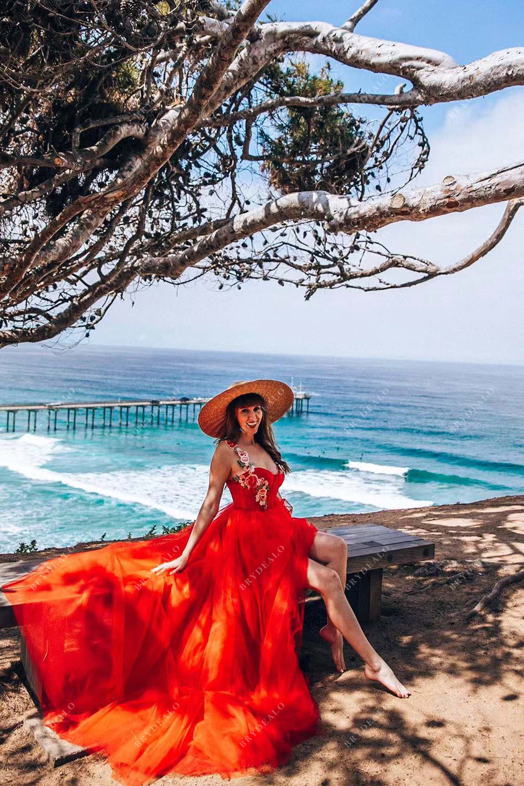 Flower Straps Red Tulle Formal Dress With Slit