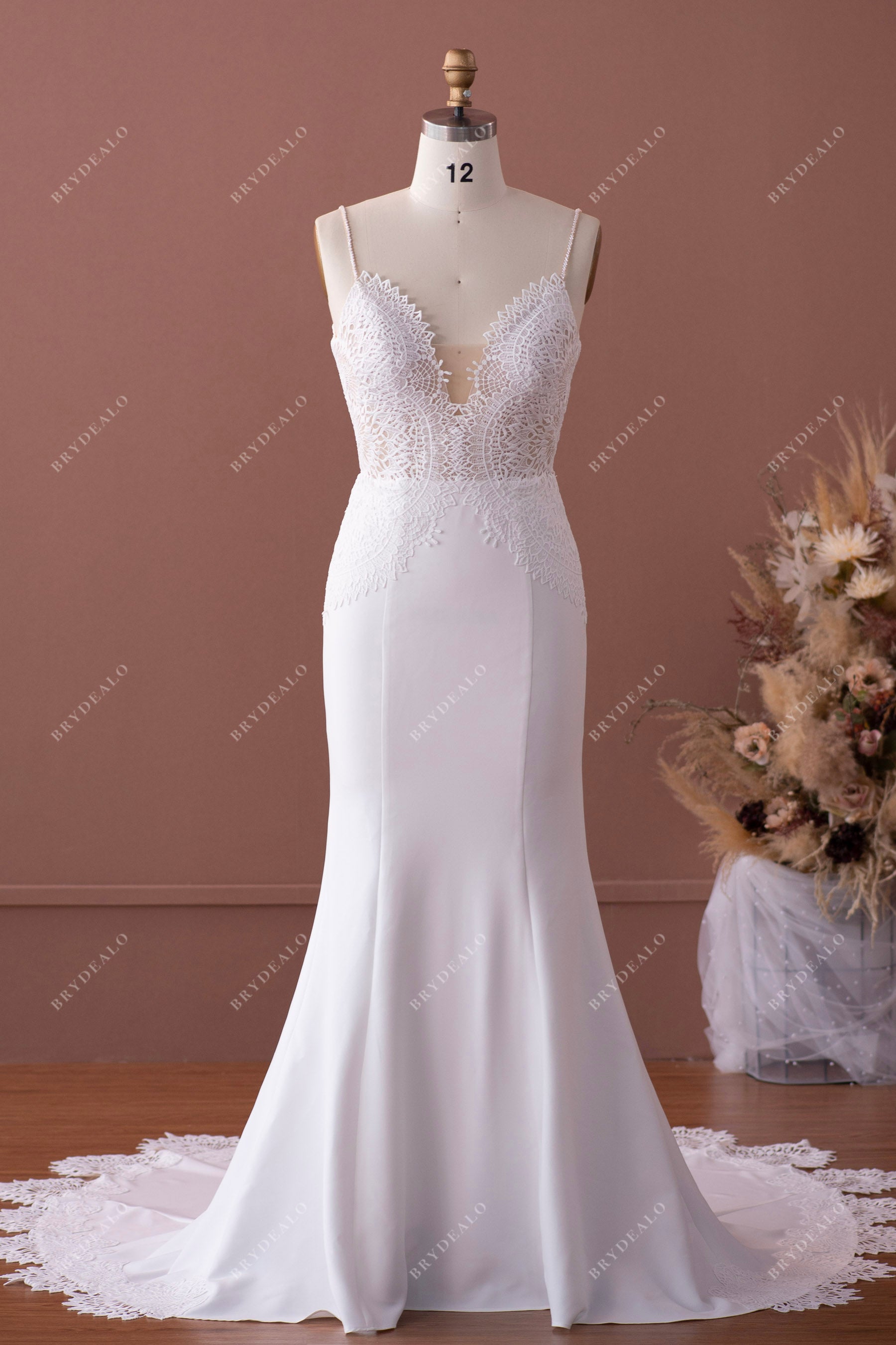 Beaded Straps Scalloped Plunging Neck Crepe Wedding Dress Beaded Straps Scalloped Plunging Neck Crepe Wedding Dress