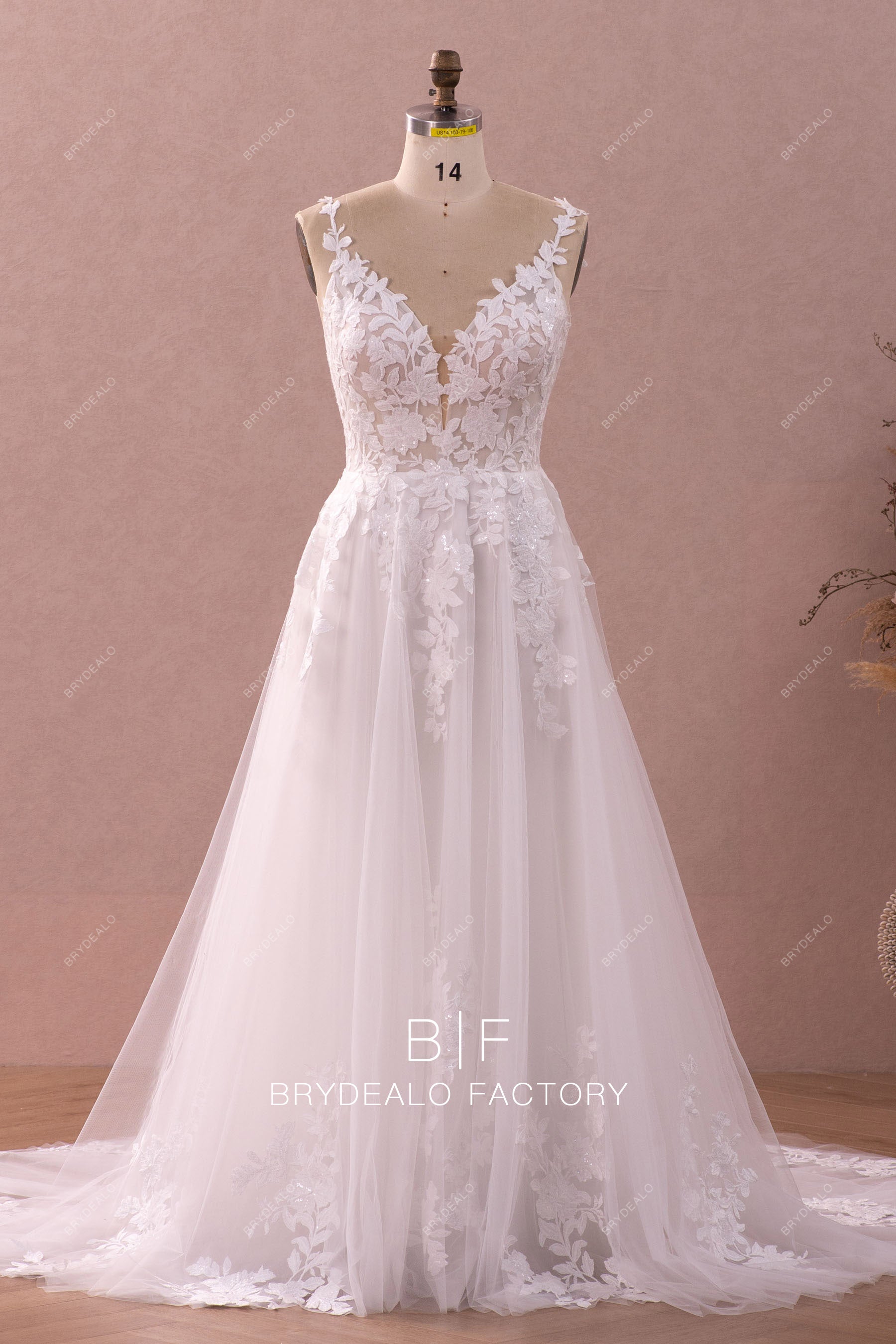 Romantic Flower Lace Sleeveless A-line Tulle Wholesale Bridal Gown