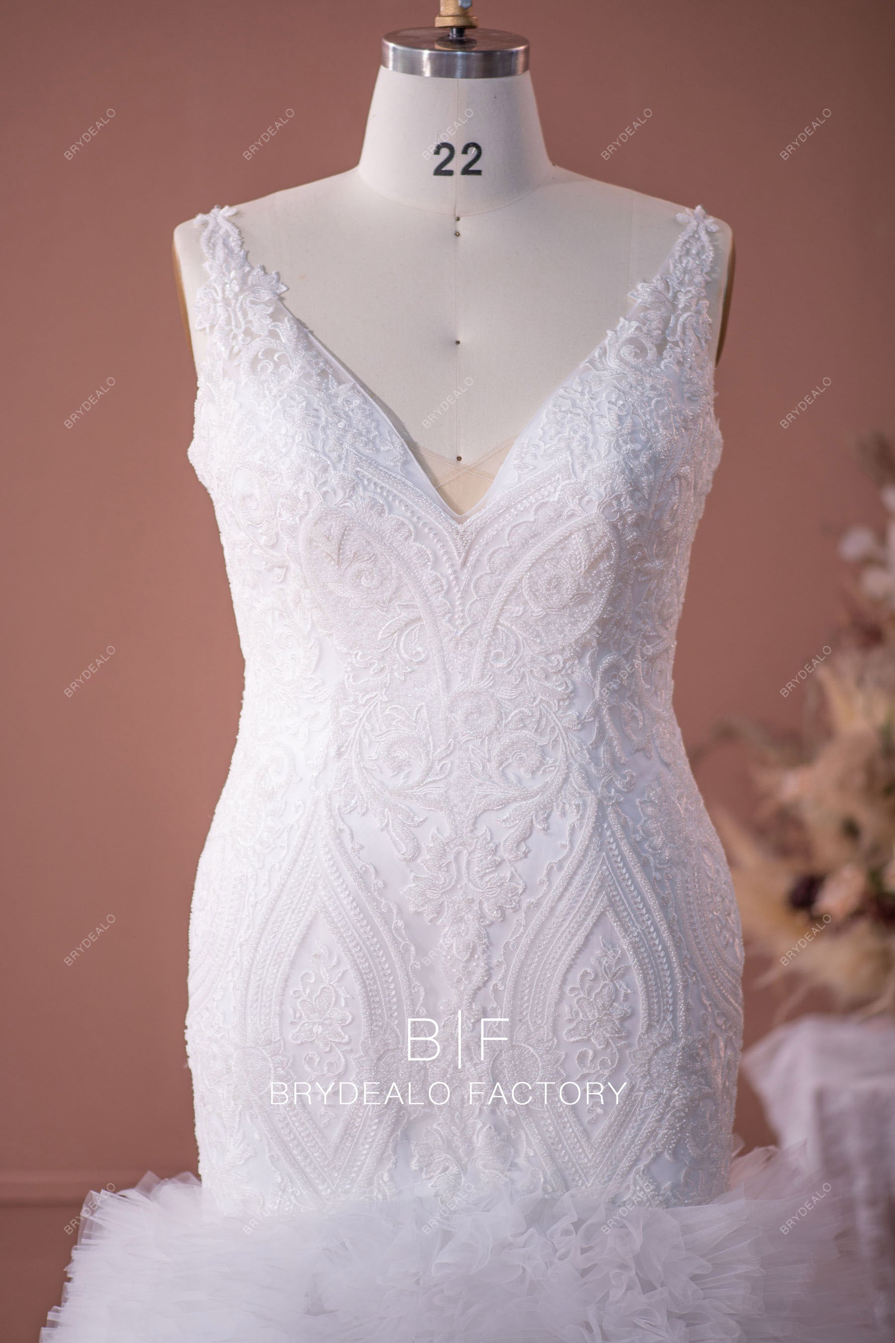 straps V-neck beaded lace wedding dress