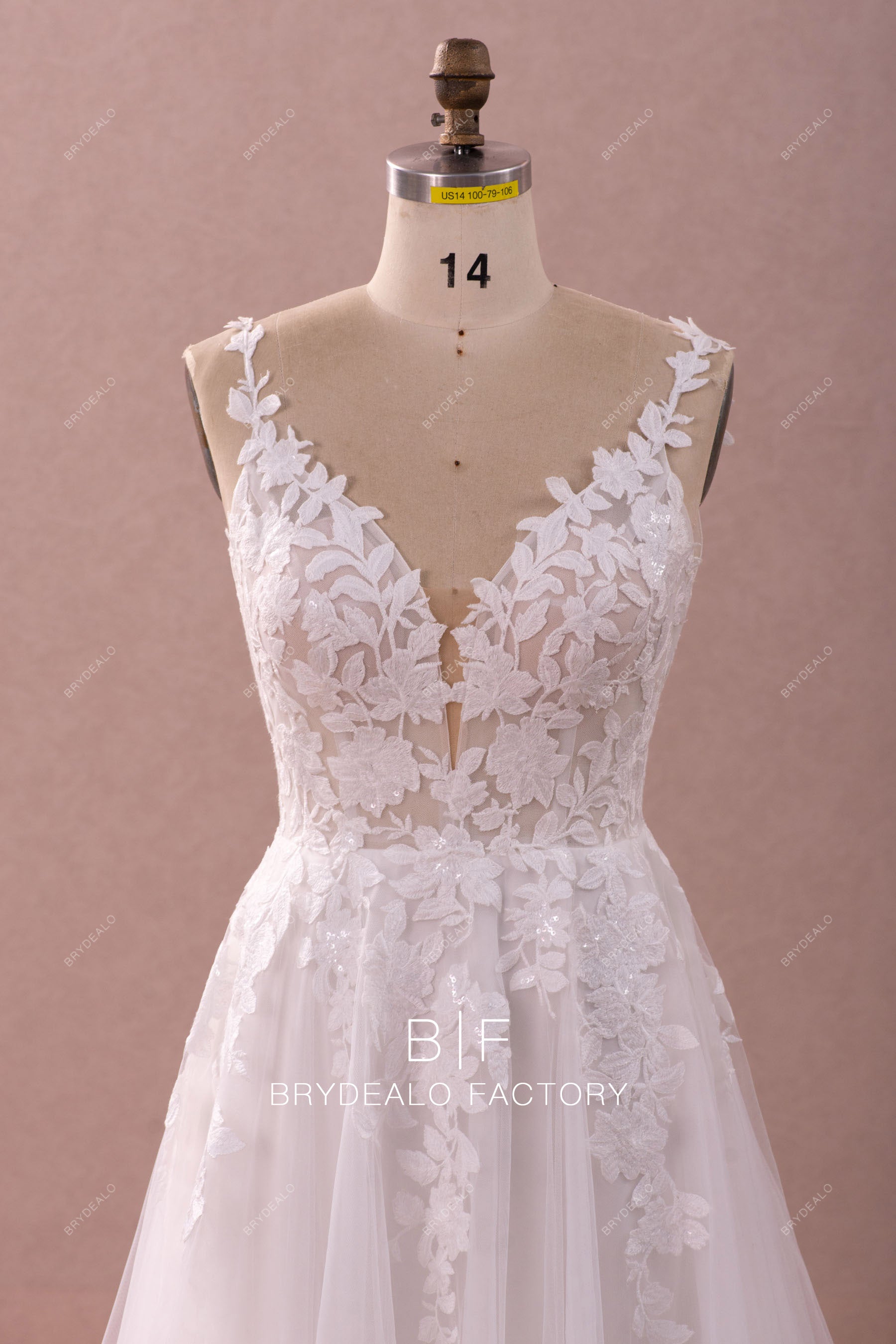 plunging neck lace tulle bridal gown