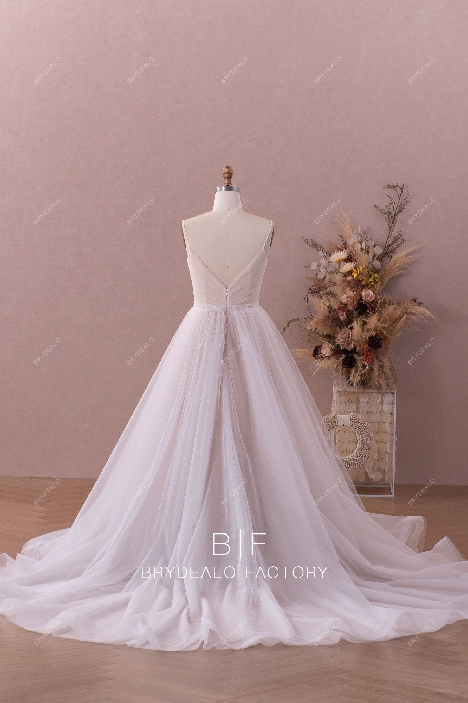 straps shimmery tulle A-line long ruffled wedding dress