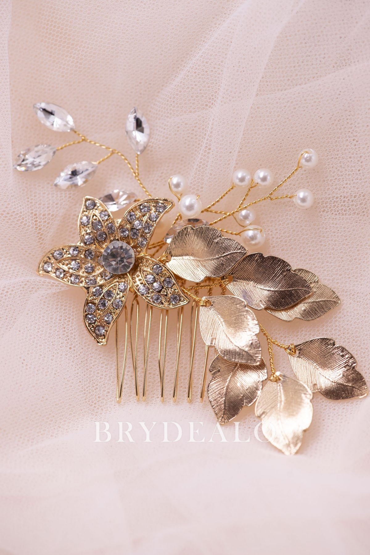 Stylish Metallic Flower Leaf Rhinestones Comb