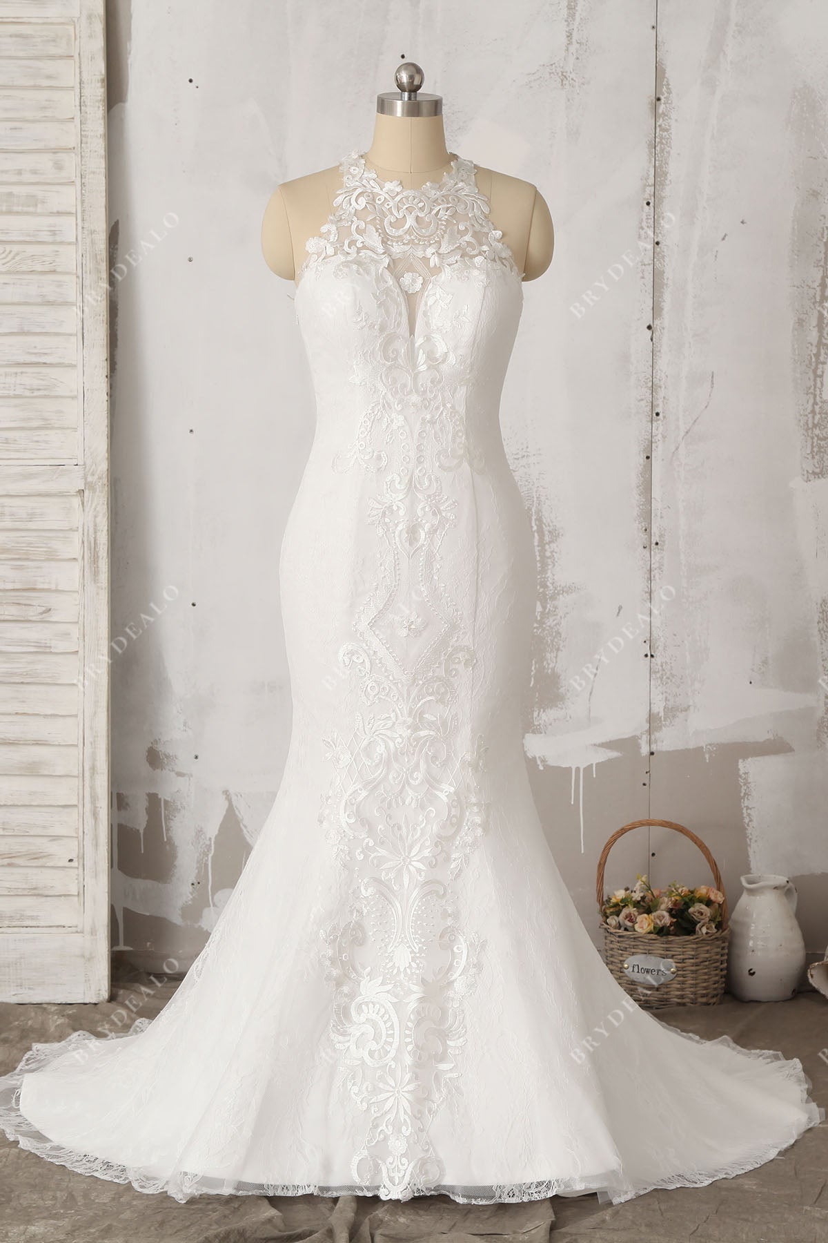stylish patterned lace halter sheer neck mermaid wedding dress