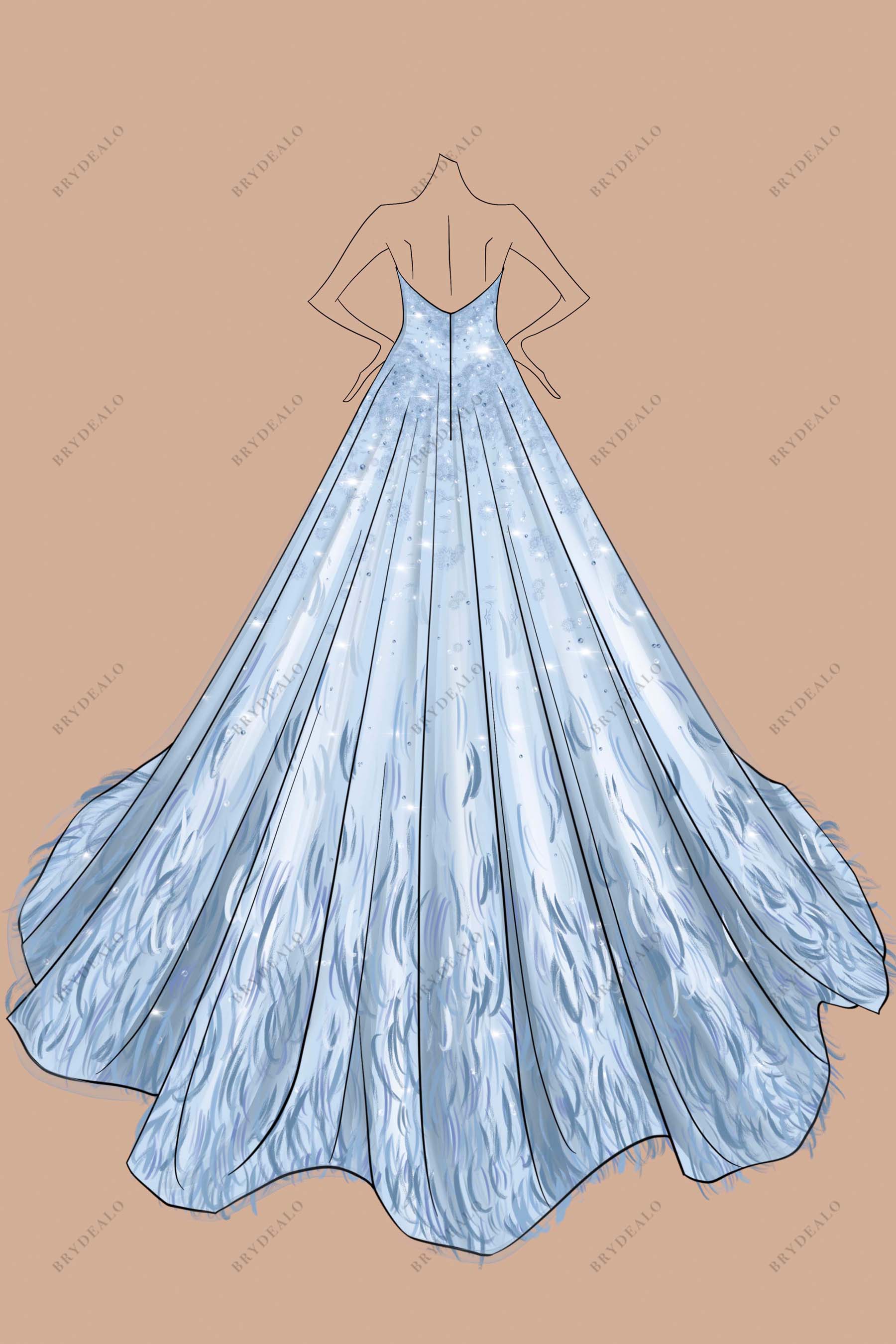 Sweep Train Feathered Wedding Ball Gown Sketch