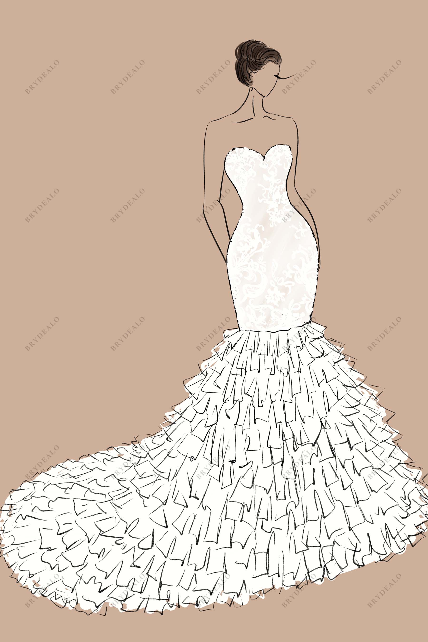 Designer Lace Sweetheart Neck Ruffled Tulle Trumpet Bridal Dress Sketch