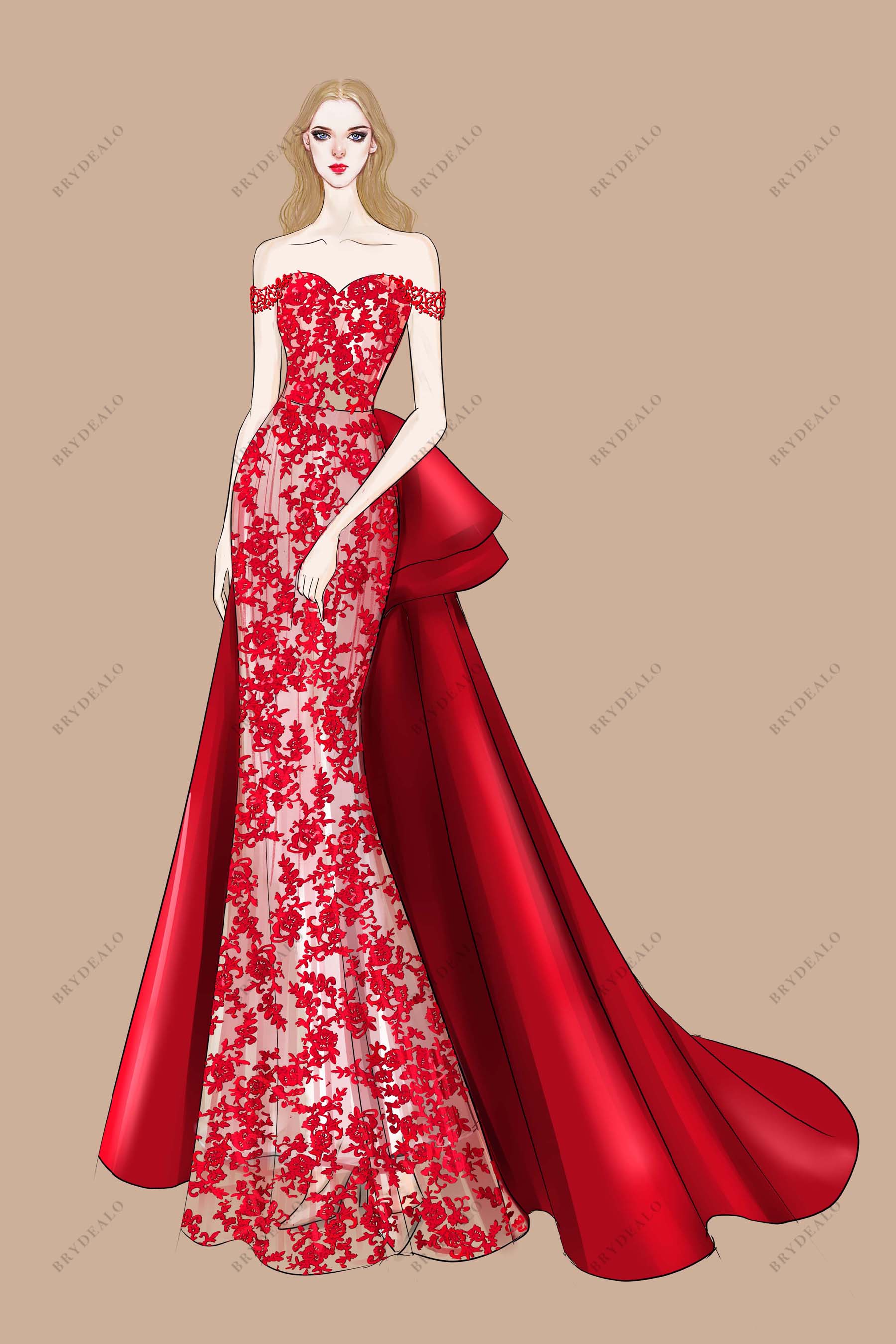 Red Lace Off Shoulder Mermaid Satin Overskirt Prom Dress Sketch