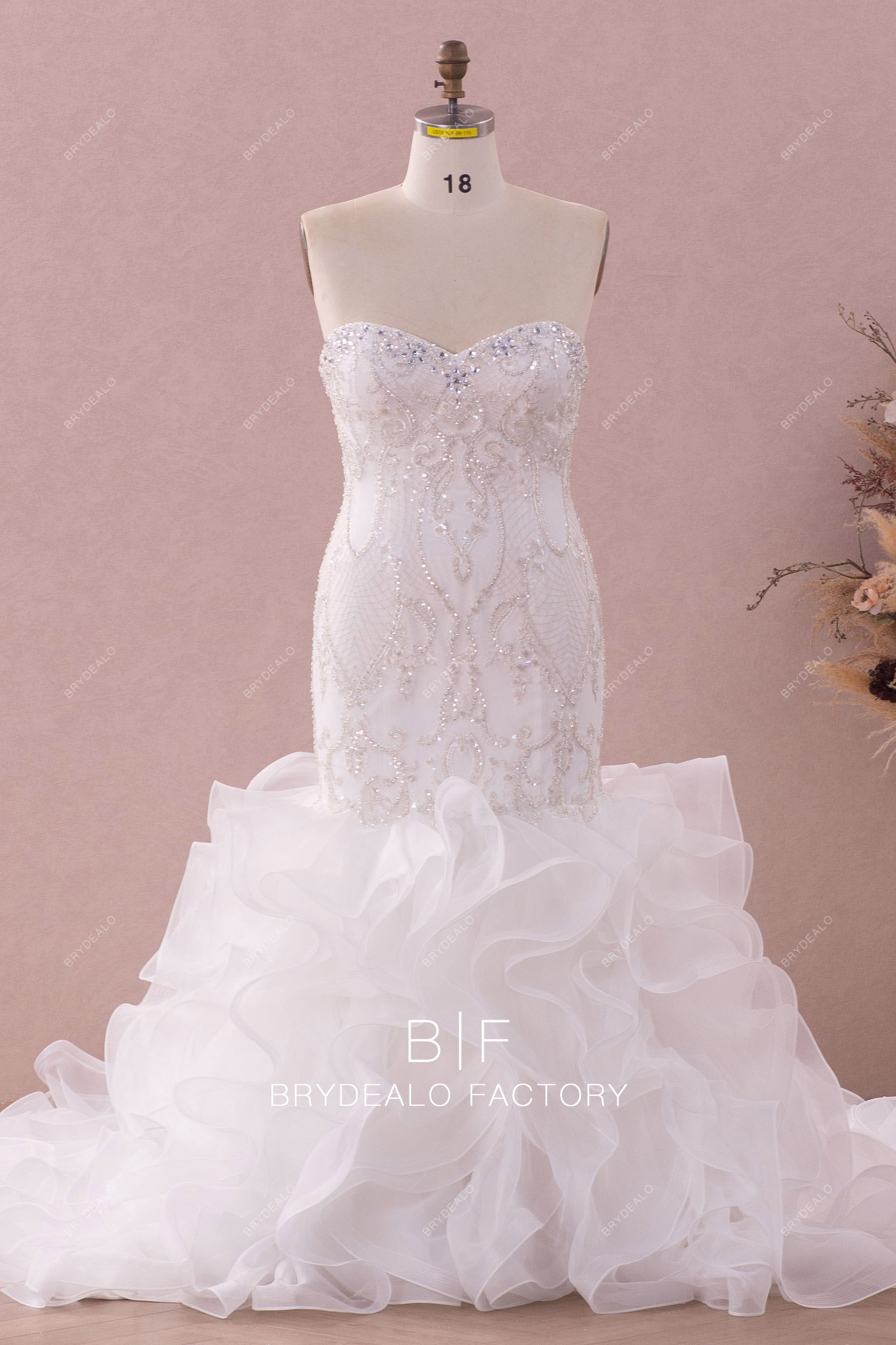 sweetheart sparkly lace ruffled organza wedding gown