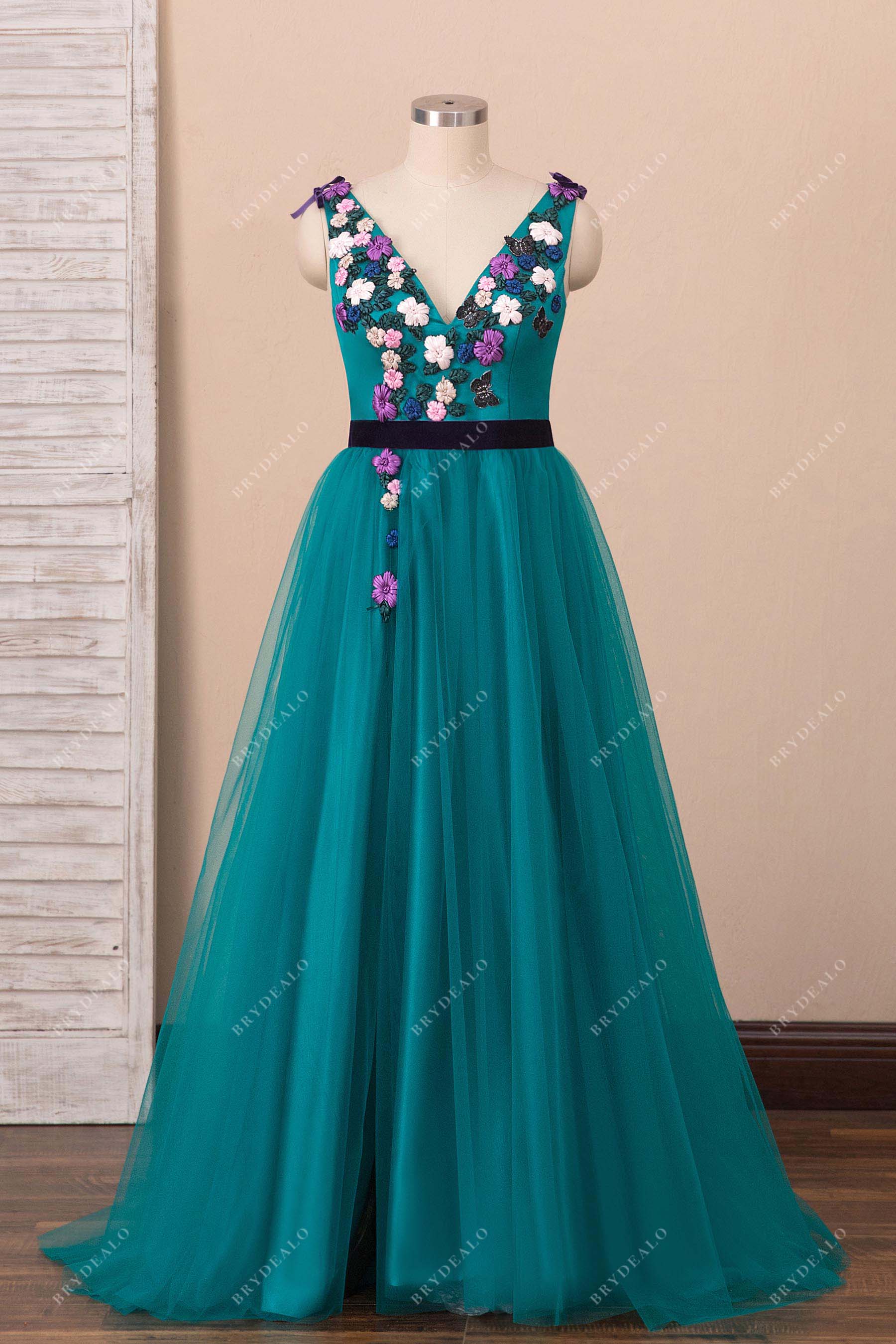 teal tulle 3D flower V-neck prom gown
