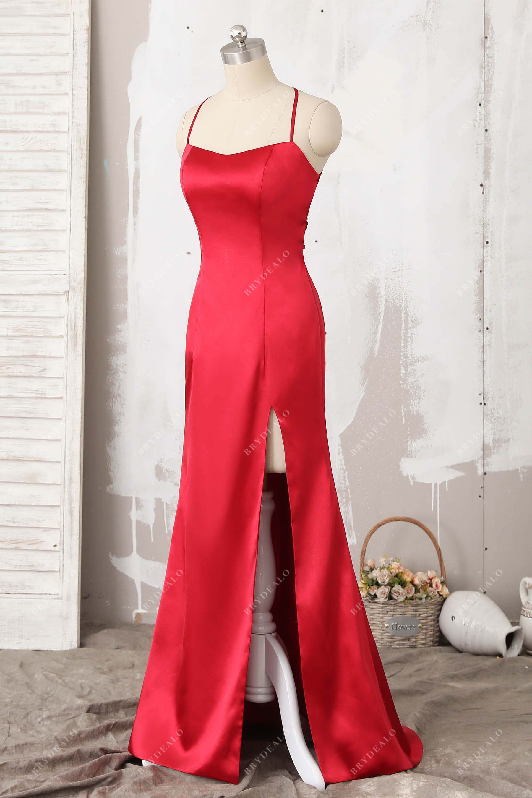 thigh slit red slim A-line prom dress
