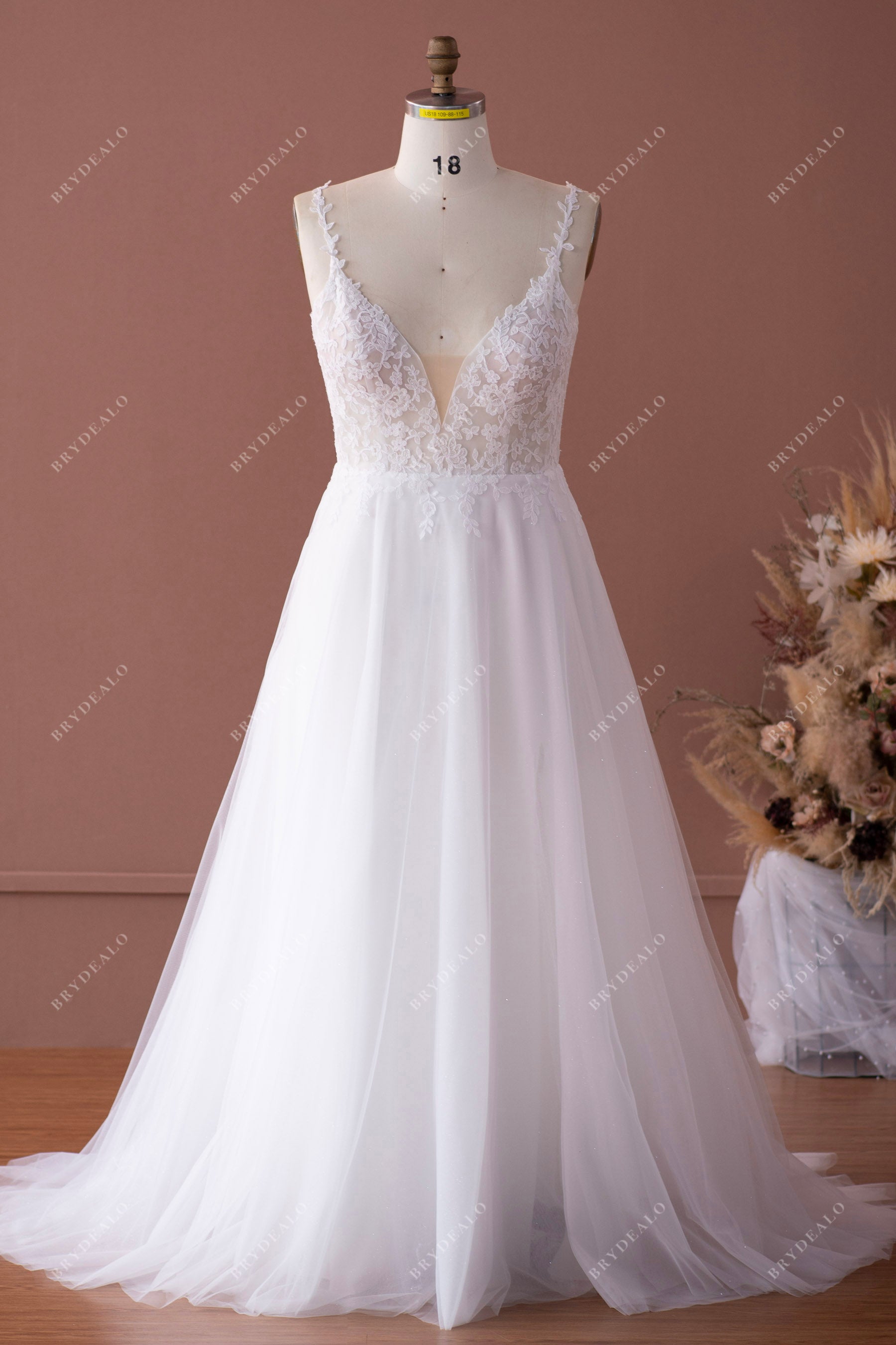 thin straps plunging lace tulle wedding dress
