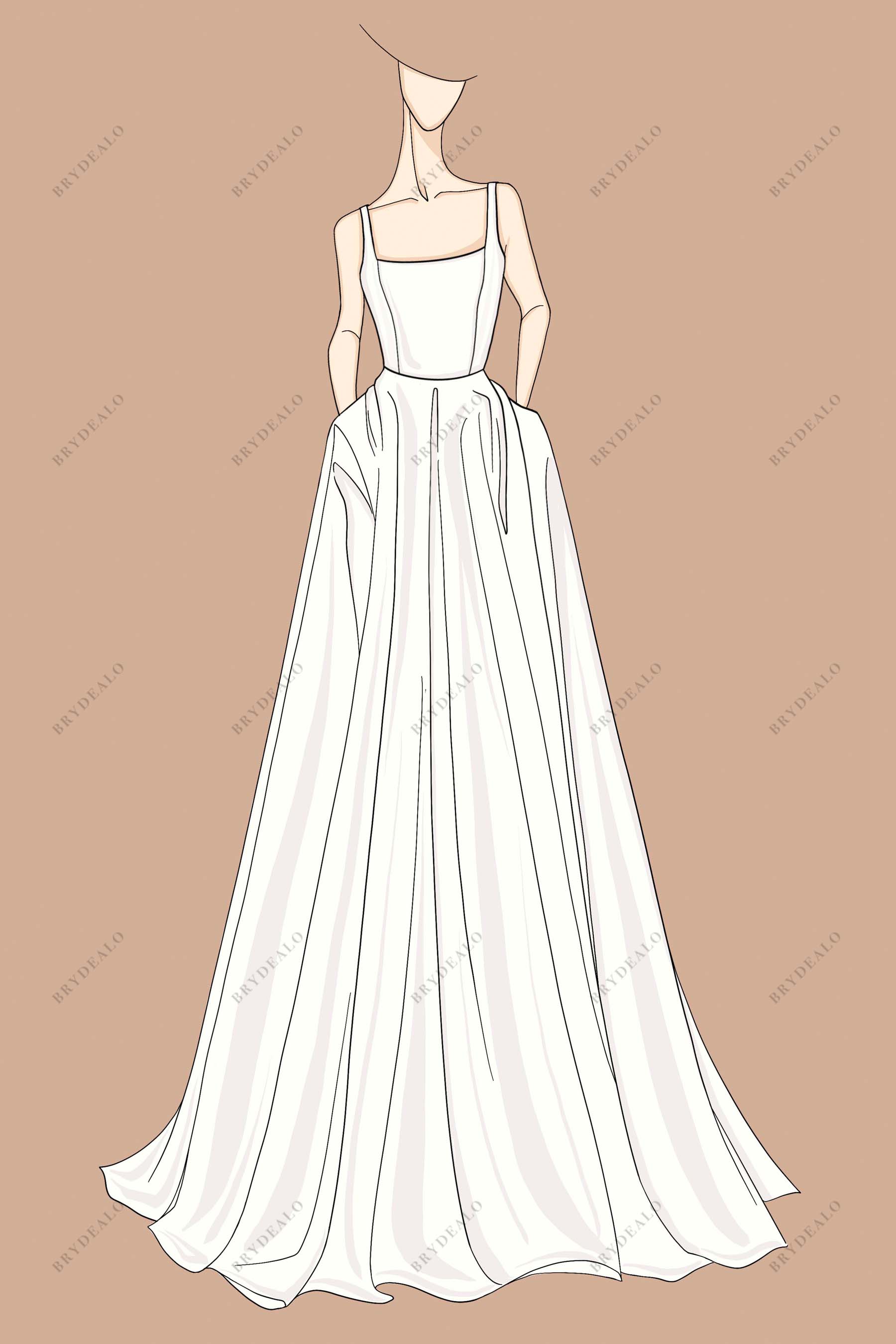 Spaghetti Straps Designer Satin Pockets Wedding Dress Sketch Spaghetti Straps Designer Satin Pockets Wedding Dress Sketch