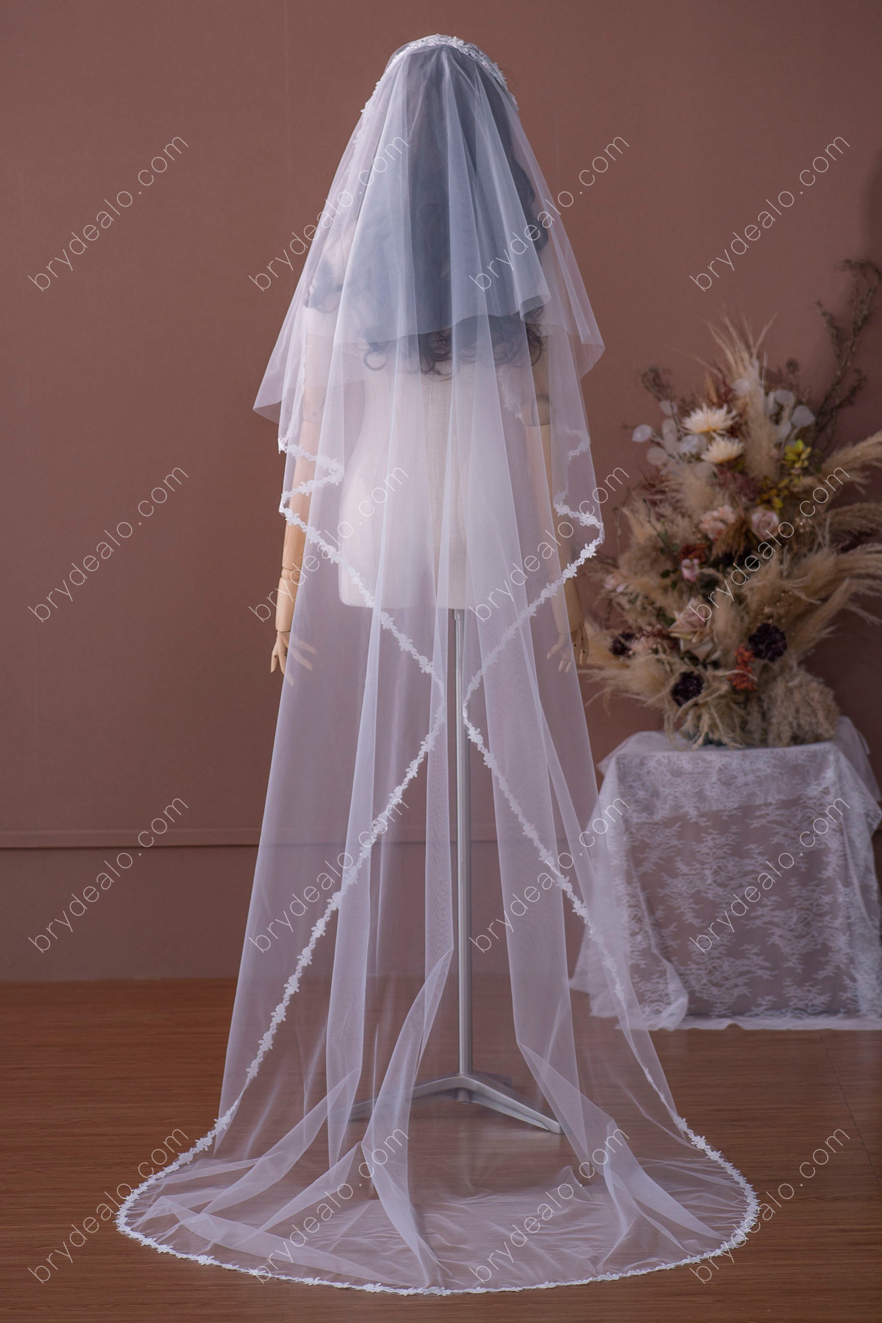 lace cascading chapel length veil